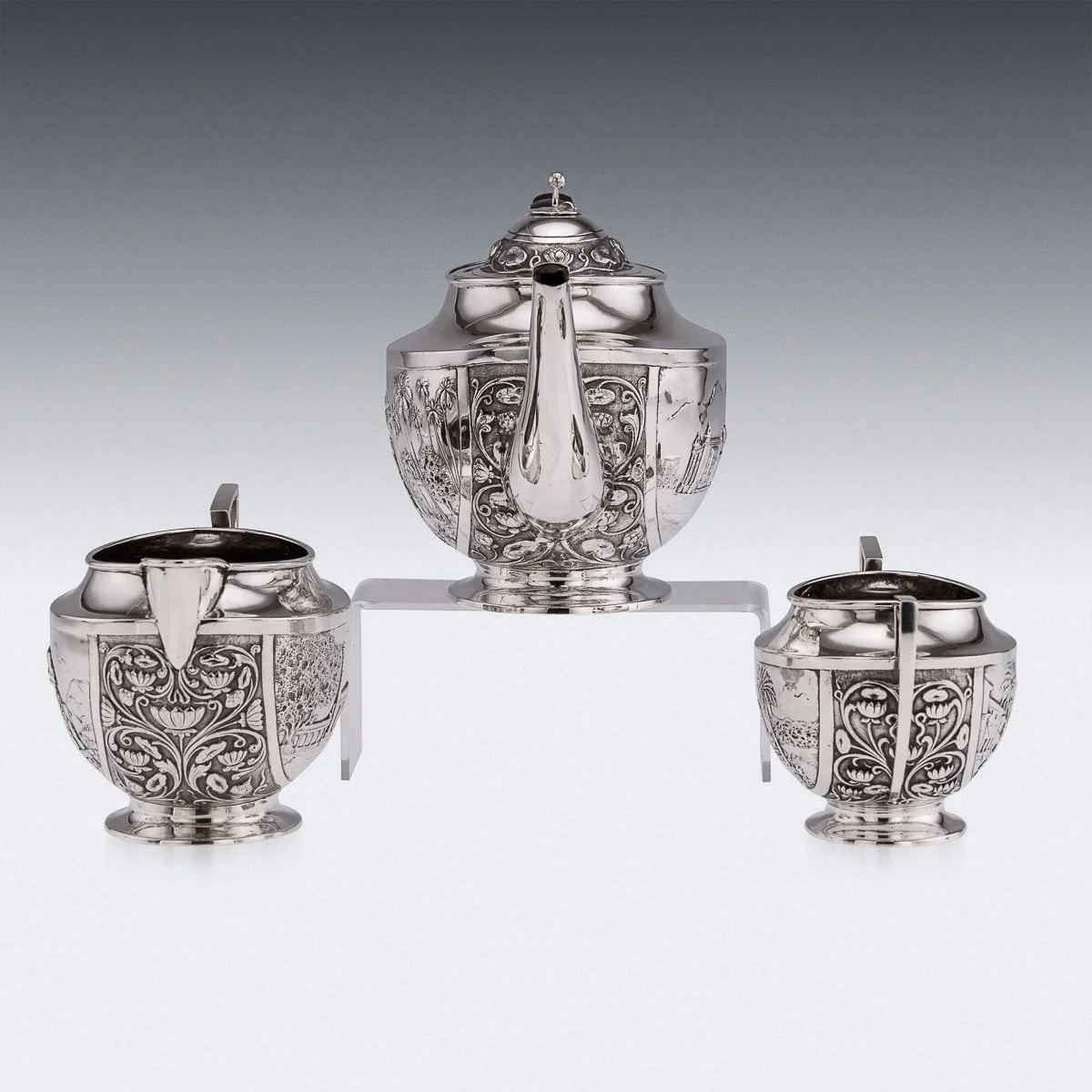 PUSHKINS.COM - A11065 - ANTIQUE 19thC INDIAN STYLE THREE PIECE SOLID SILVER TEA SET, REED & BARTON c1900 - 06.jpg