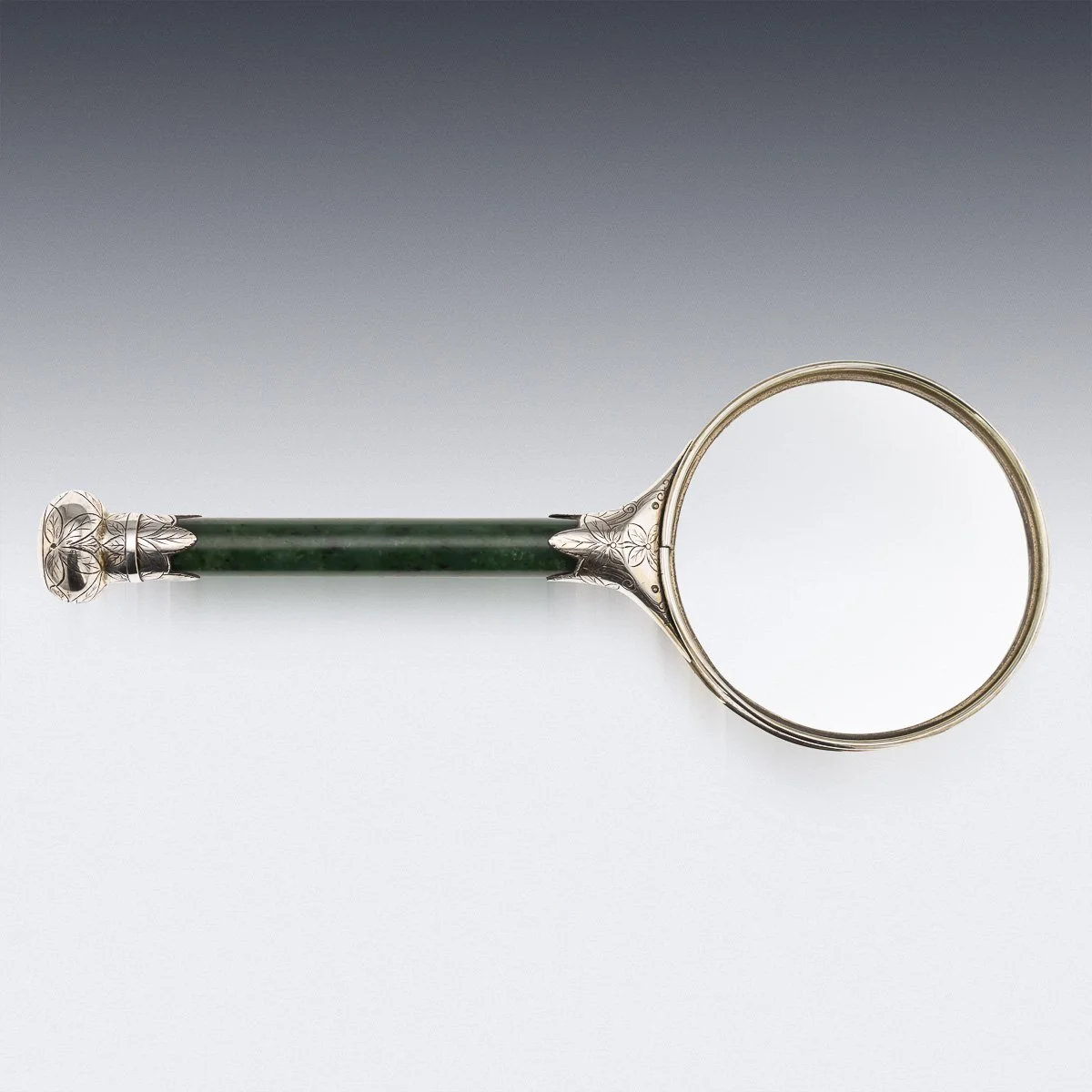 PUSHKINS.COM - A00127 - ANTIQUE 19thC ORIENTAL STYLE SOLID SILVER & SPINACH JADE MAGNIFYING GLASS c.1880 - 06.jpg