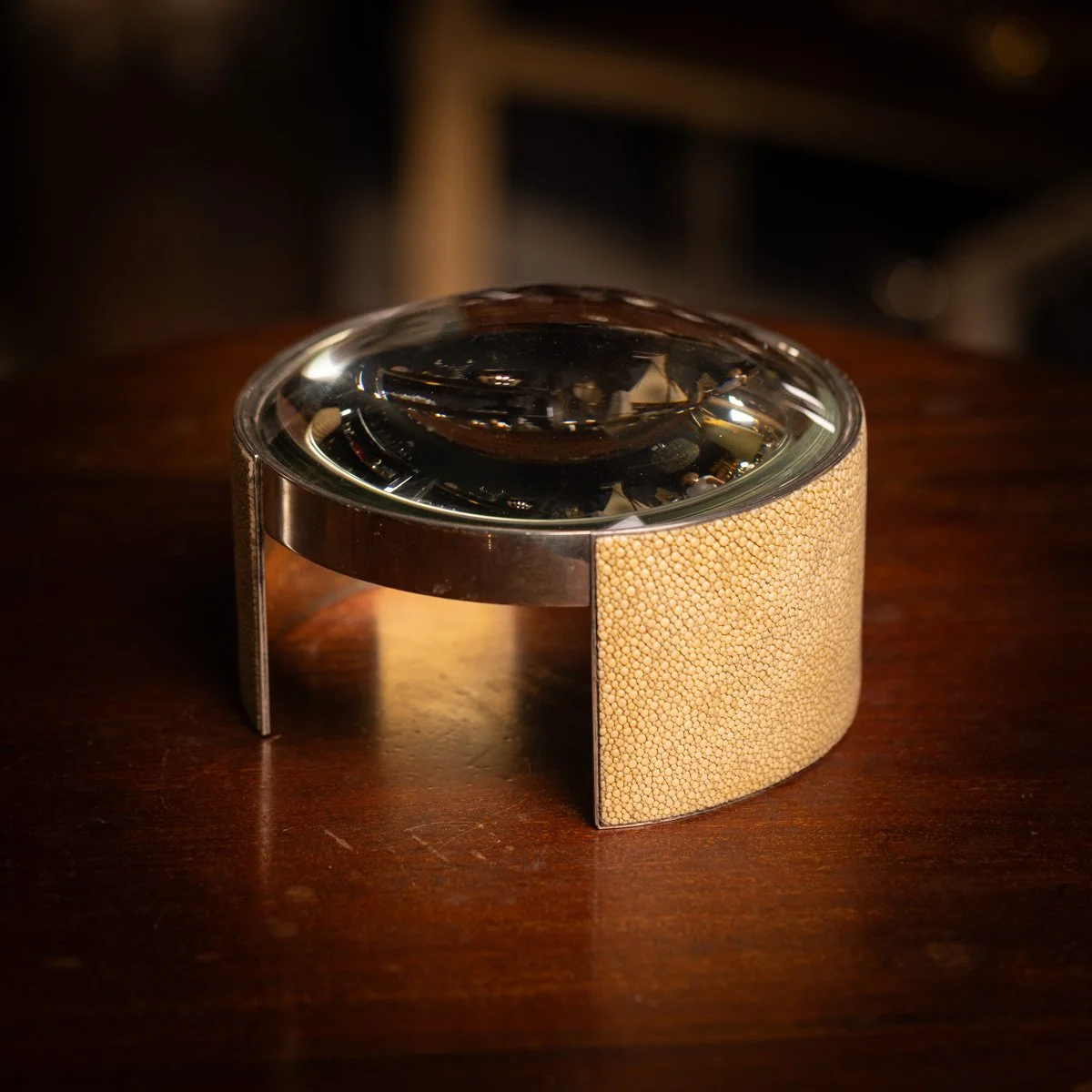 PUSHKINS.COM - Z12461 - ANTIQUE 20thC ART DECO POLISHED METAL & SHAGREEN CLAD MAGNIFYING LENS c.1920 - 3.jpg