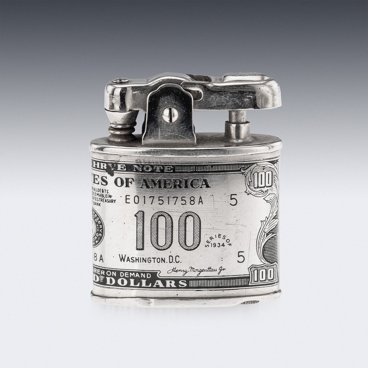 PUSHKINS.COM - J11197 - 20thC AMERICAN SILVER-PLATED CIGARETTE CASE & LIGHTER SHAPED AS A HUNDRED DOLLAR BILL - 09.jpg