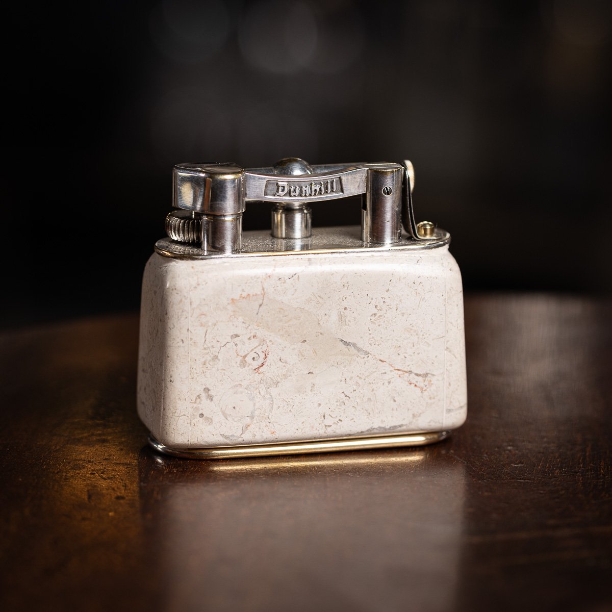 PUSHKINS.COM - D11369 - VINTAGE 20thC TRAVERTINE MARBLE & SILVER PLATED DUNHILL TABLE LIGHTER c.1960 - 03.jpg