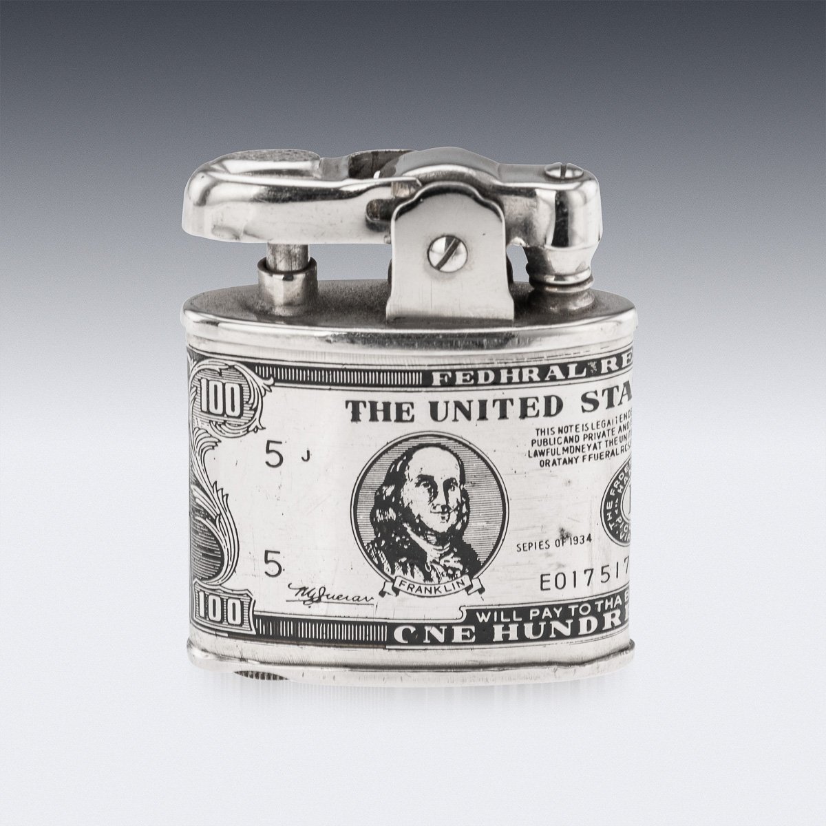 PUSHKINS.COM - J11197 - 20thC AMERICAN SILVER-PLATED CIGARETTE CASE & LIGHTER SHAPED AS A HUNDRED DOLLAR BILL - 10.jpg