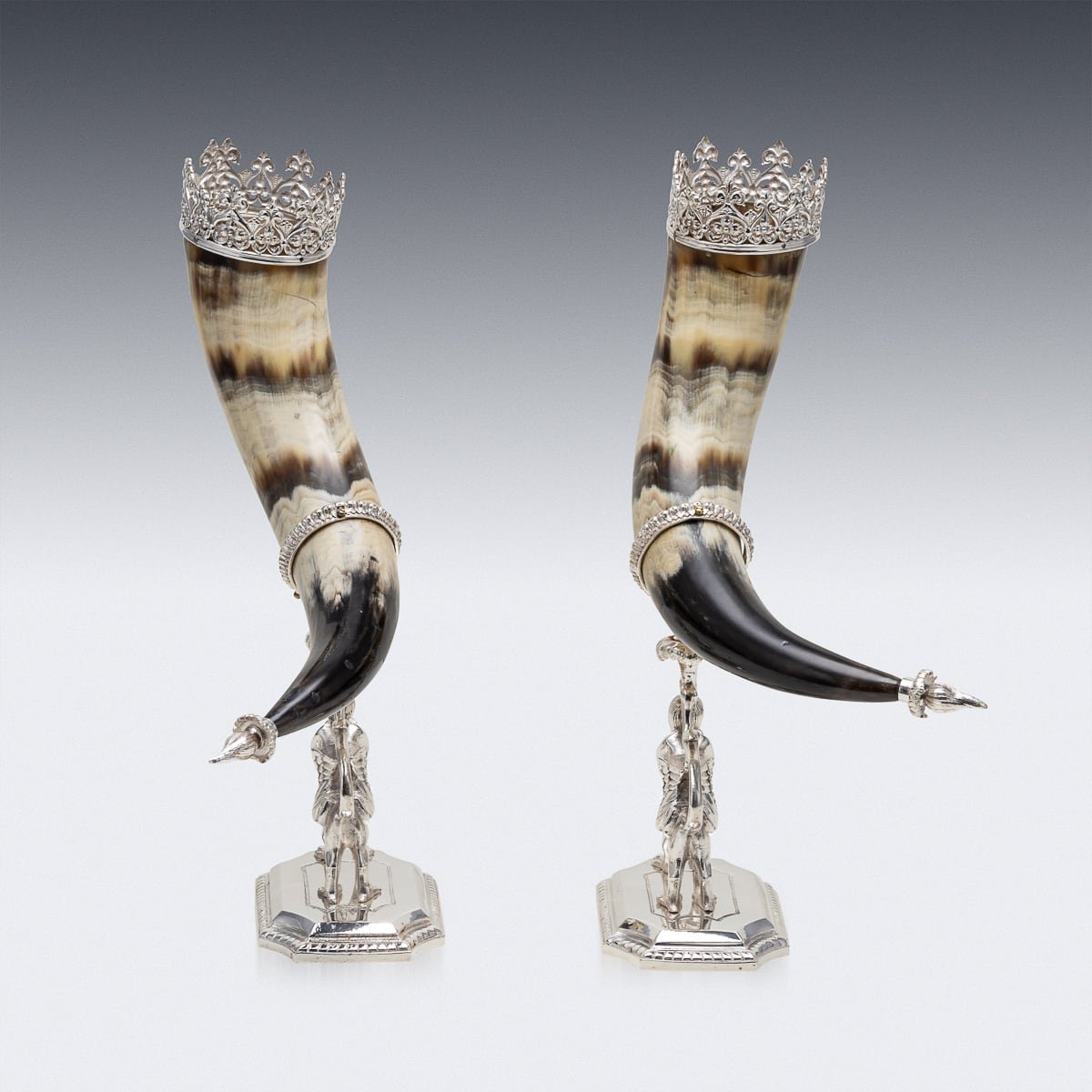 PUSHKINS.COM - ANTIQUE 20thC PAIR OF SILVER PLATED MONUMENTAL DRINKING HORNS c.1900 - 1197.jpg