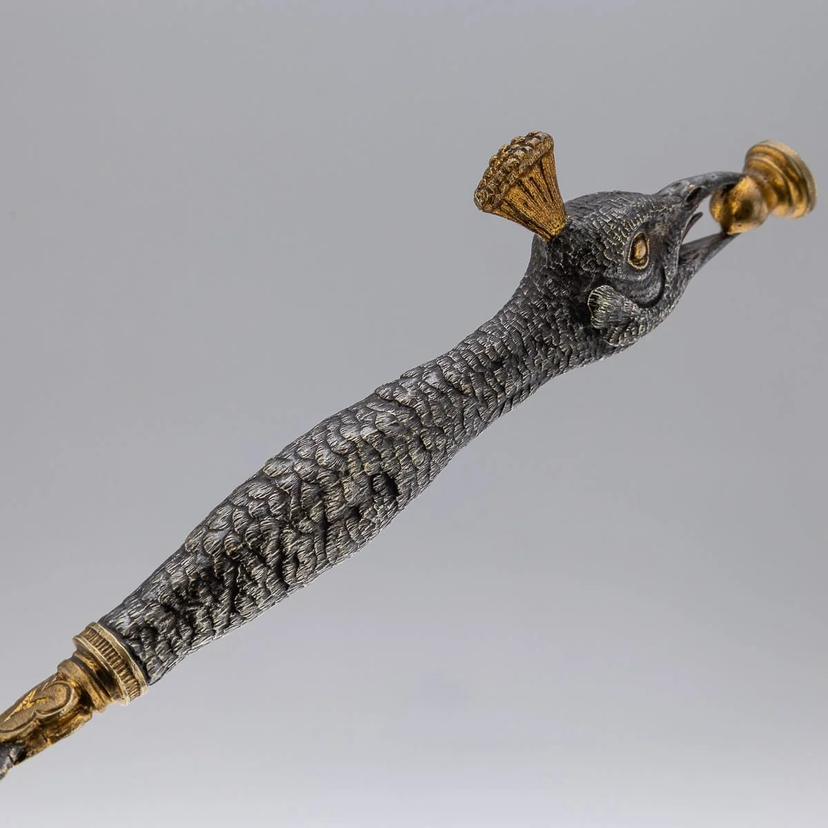 PUSHKINS.COM - J12115 - ANTIQUE 20thC SILVER PLATE & BRASS PEACOCK LETTER OPENER - 10.jpg