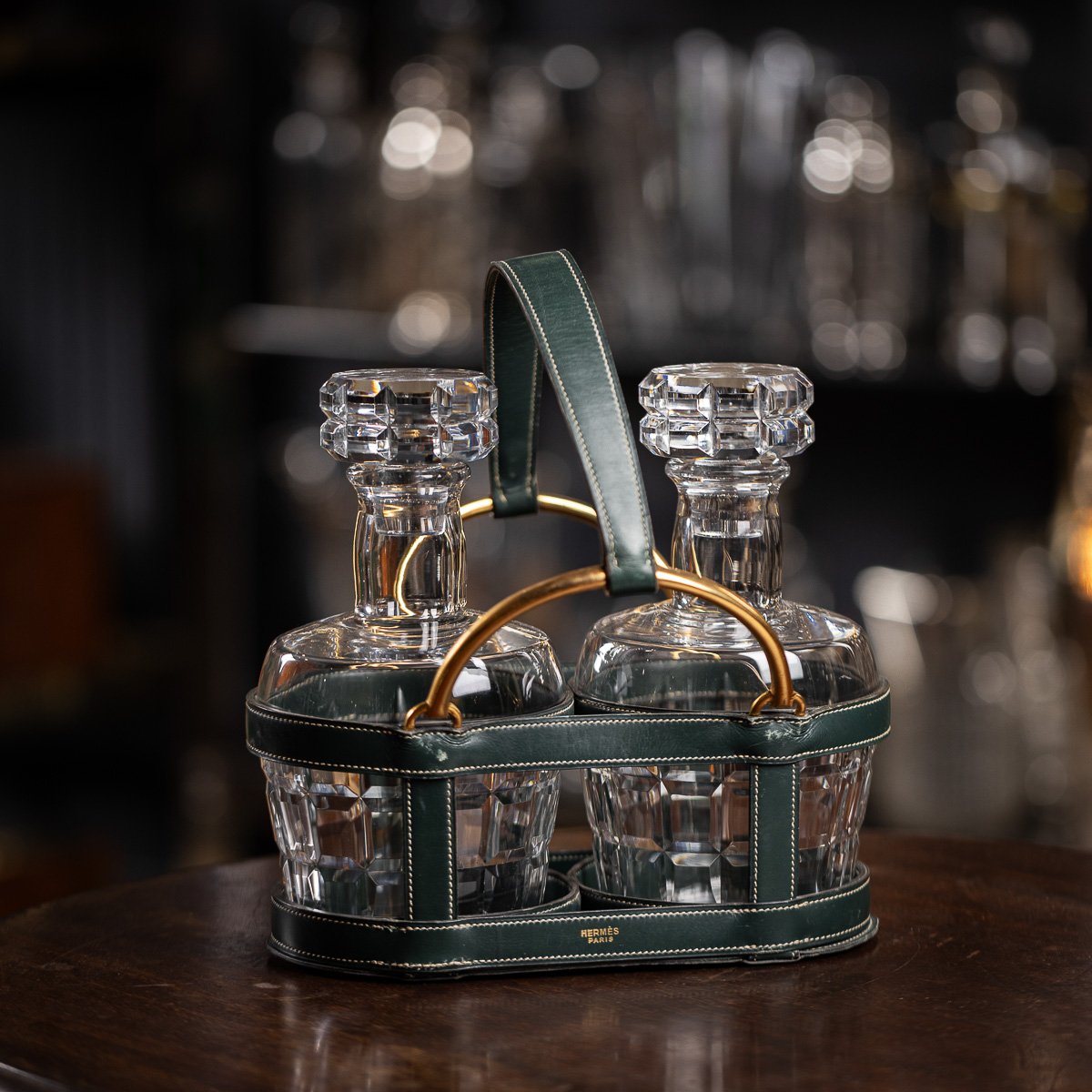 PUSHKINS.COM - D11154 - 20thC FRENCH PAIR OF BACCARAT DECANTERS & HERMES LEATHER BASKET BY JACQUES ADNET - 03.jpg