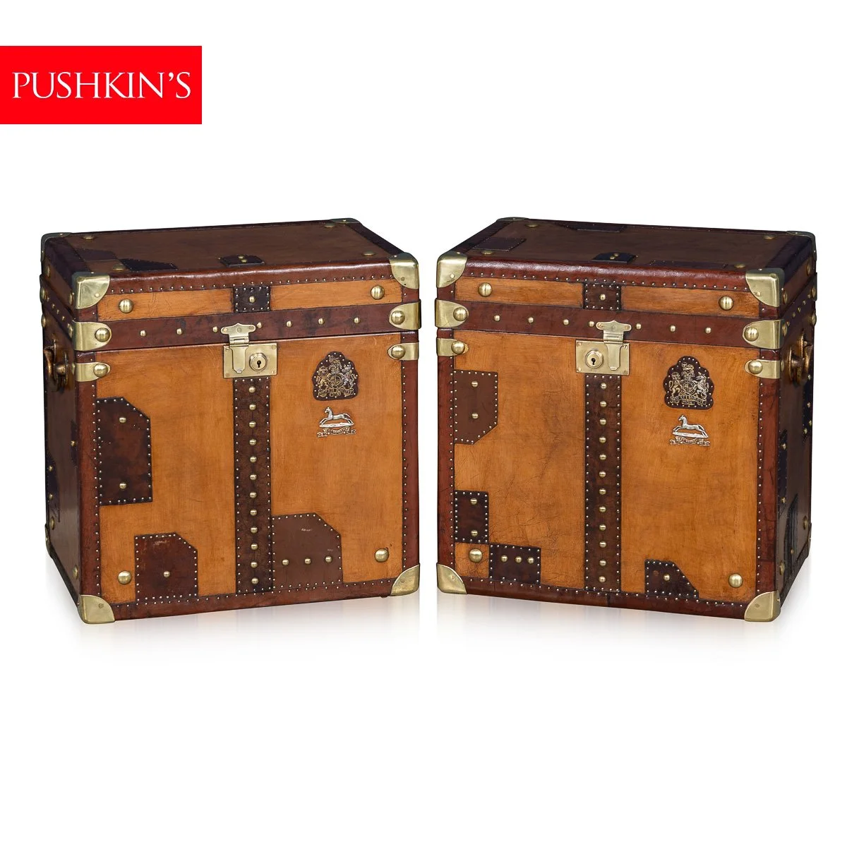 PUSHKINS.COM - B11410d - 20thC PAIR OF LEATHER CLAD ENGLISH ARMY : NAVY STYLE TRUNKS - 02.jpg