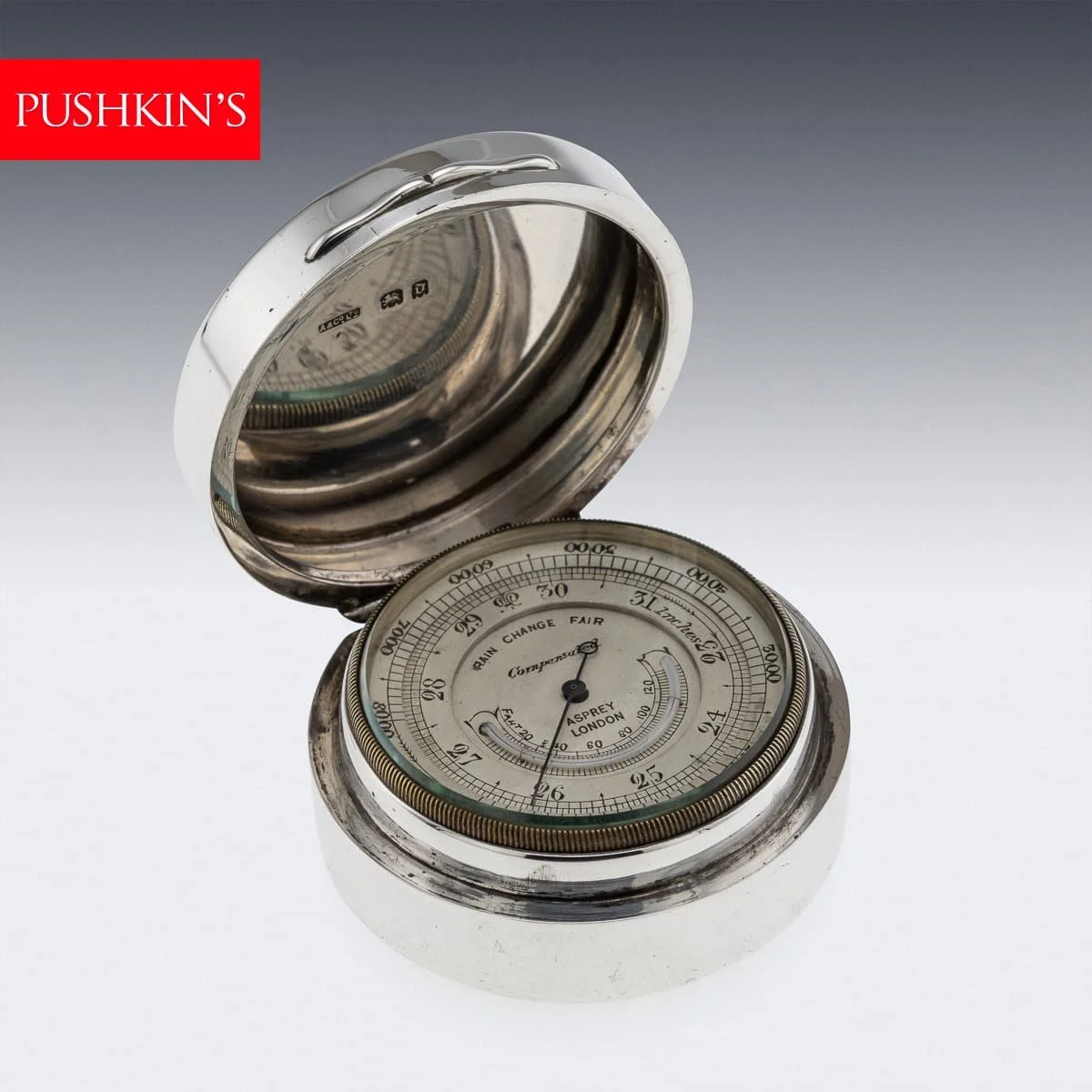 PUSHKINS.COM - C12088 - ANTIQUE 20thC ENGLISH SOLID SILVER BAROMETER, ASPREY OF LONDON c.1919 - 02.jpg