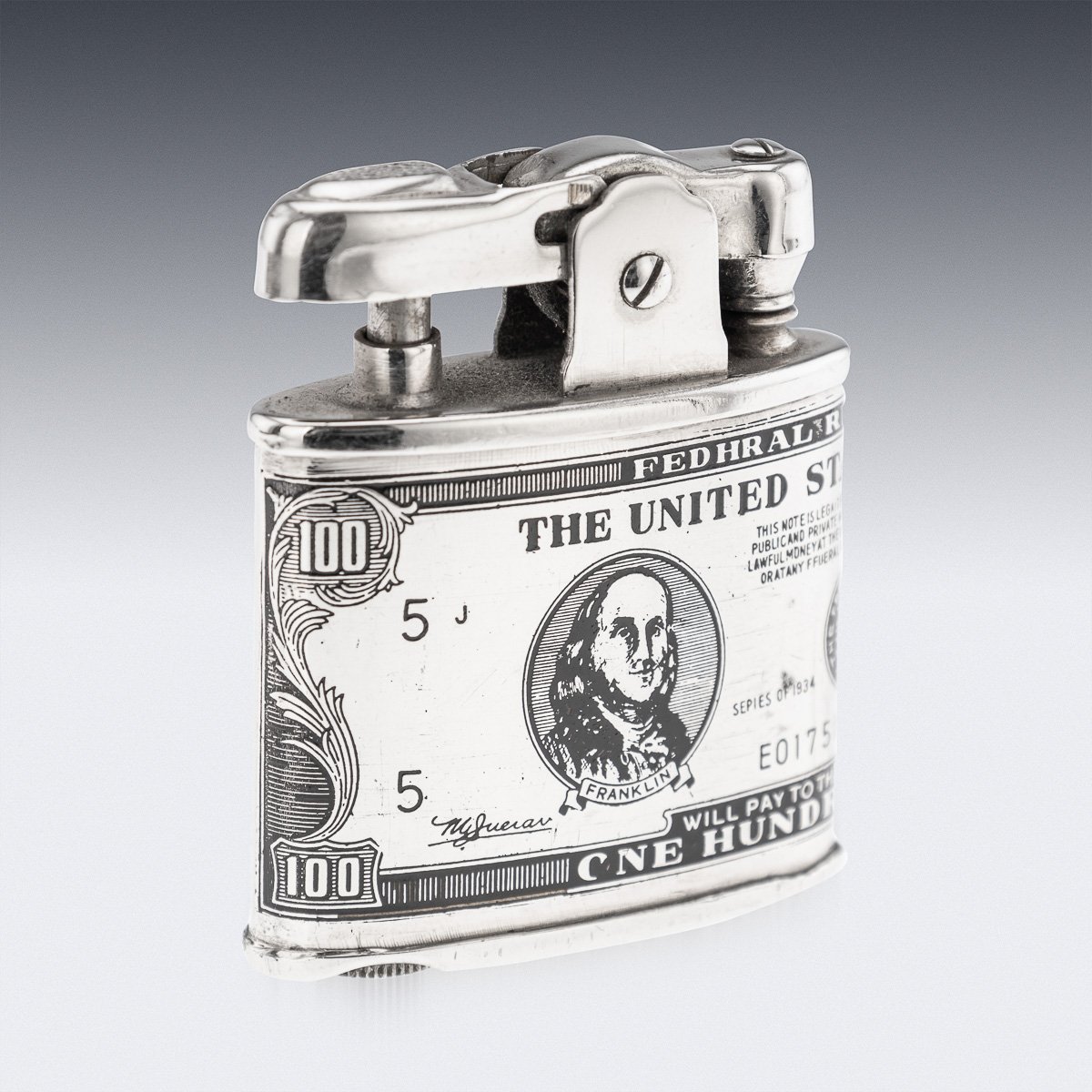 PUSHKINS.COM - J11197 - 20thC AMERICAN SILVER-PLATED CIGARETTE CASE & LIGHTER SHAPED AS A HUNDRED DOLLAR BILL - 11.jpg
