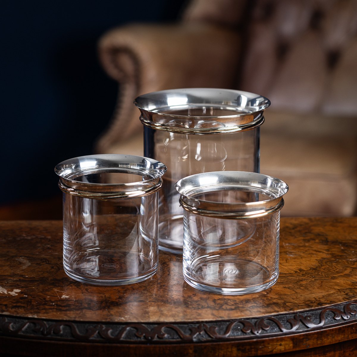 PUSHKINS.COM - J9796 - 20thC FRENCH SILVER MOUNTED GLASS ICE BUCKETS & CHAMPAGNE COOLER BY CARTIER - 03.jpg