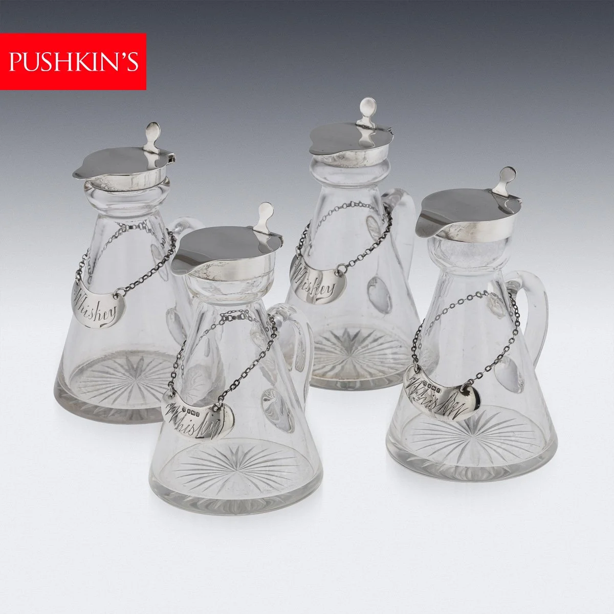 ANTIQUE 20thC ENGLISH SOLID SILVER & CUT GLASS SET OF 4 WHISKY DECANTERS c.1924
