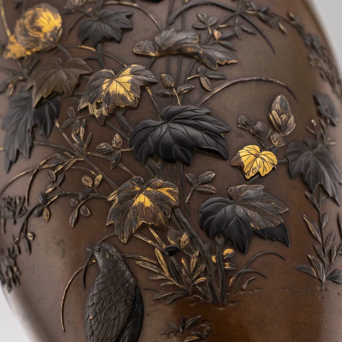 PUSHKINS.COM - G11935 - ANTIQUE 19thC JAPANESE MEIJI PERIOD MITSUNORIAN INLAID BRONZE OVOID VASE - 15.jpg