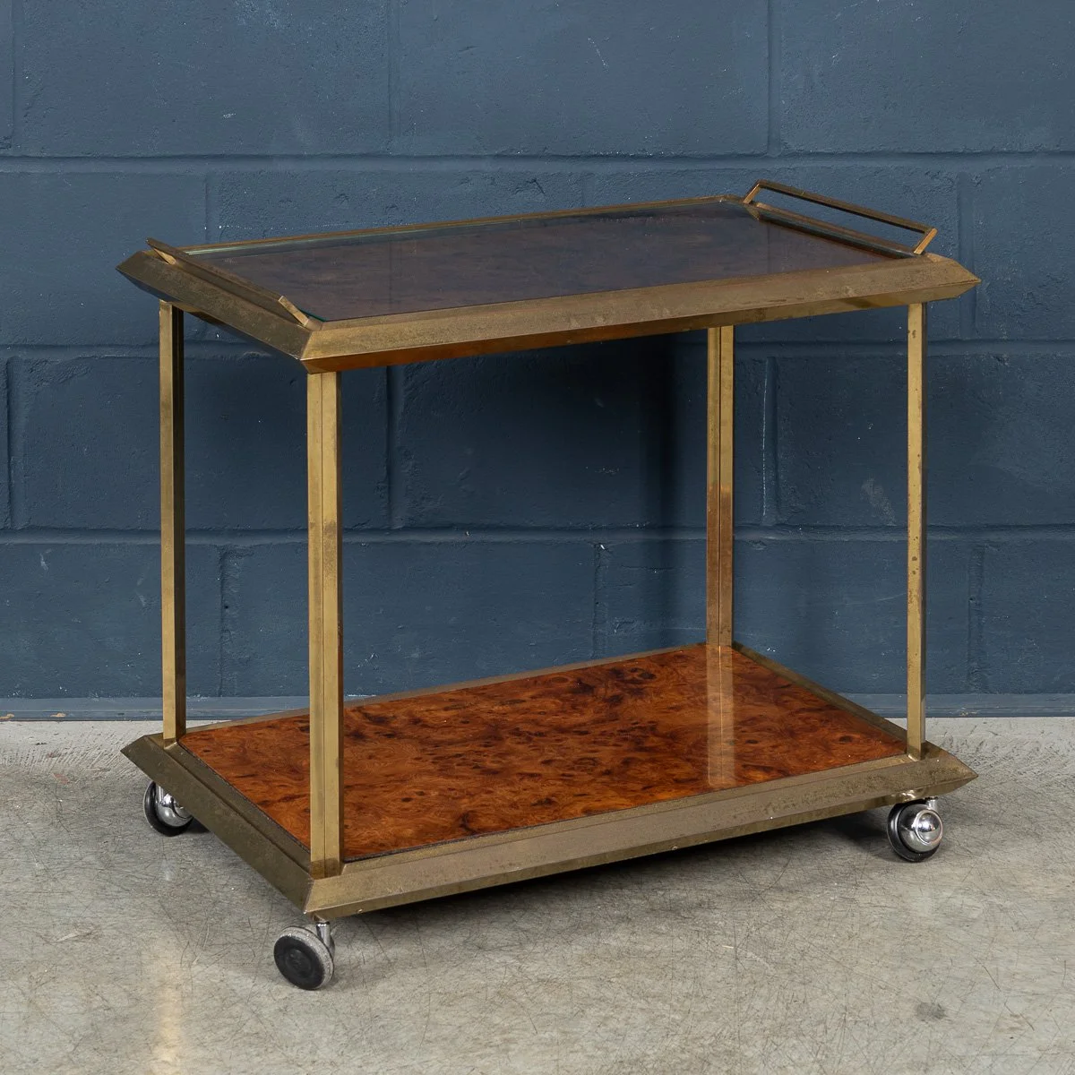 PUSHKINS.COM - B11472 - 20thC ITALIAN BRASS & BURR WALNUT DRINKS TROLLEY c.1970 - 03.jpg