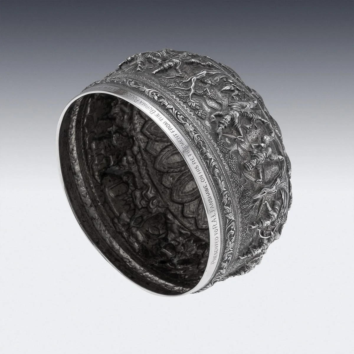 PUSHKINS.COM - A00153 - ANTIQUE 20thC BURMESE REPOUSSÉ SOLID SILVER "JATAKA TALES" BOWL c.1900 - 08.jpg