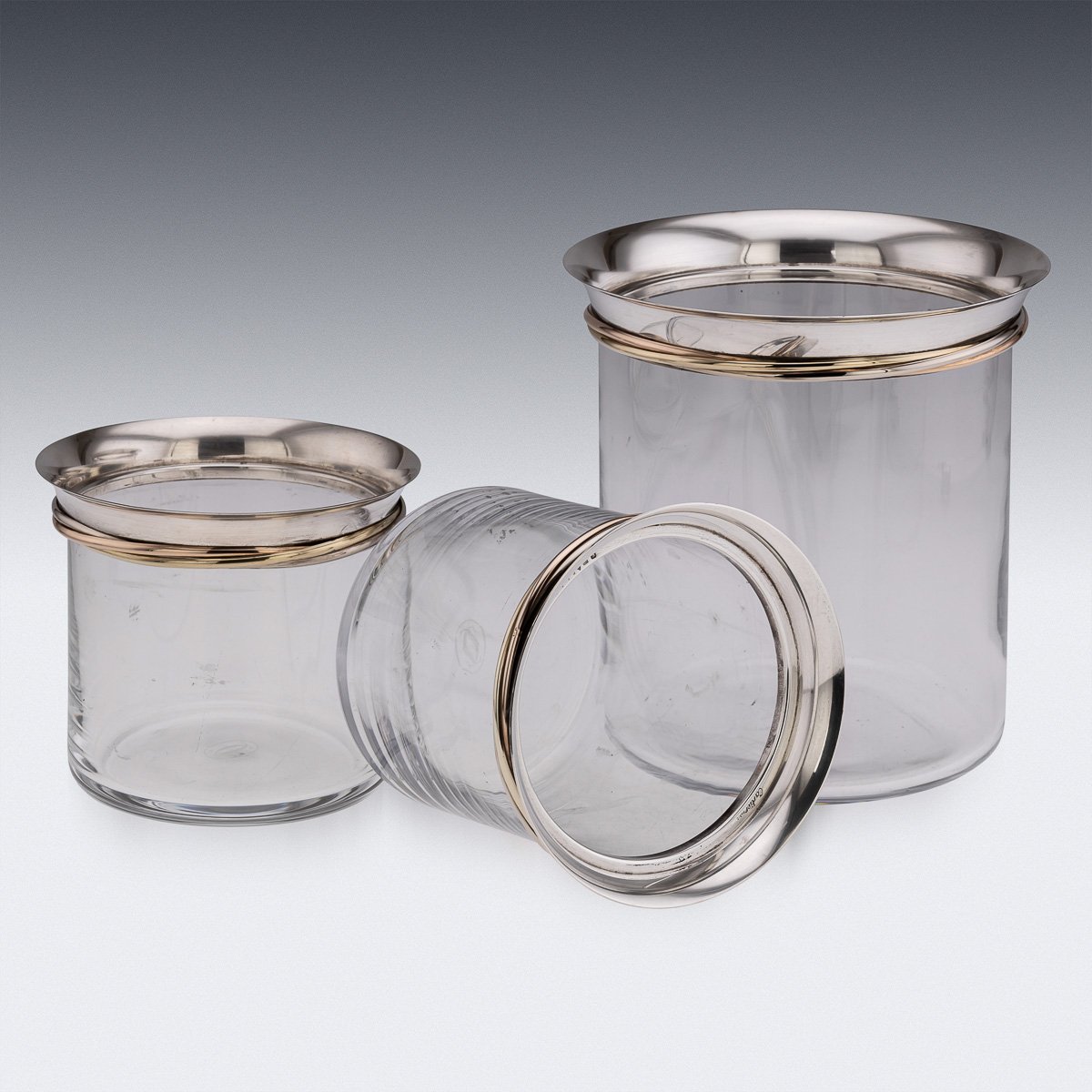 PUSHKINS.COM - J9796 - 20thC FRENCH SILVER MOUNTED GLASS ICE BUCKETS & CHAMPAGNE COOLER BY CARTIER - 06.jpg
