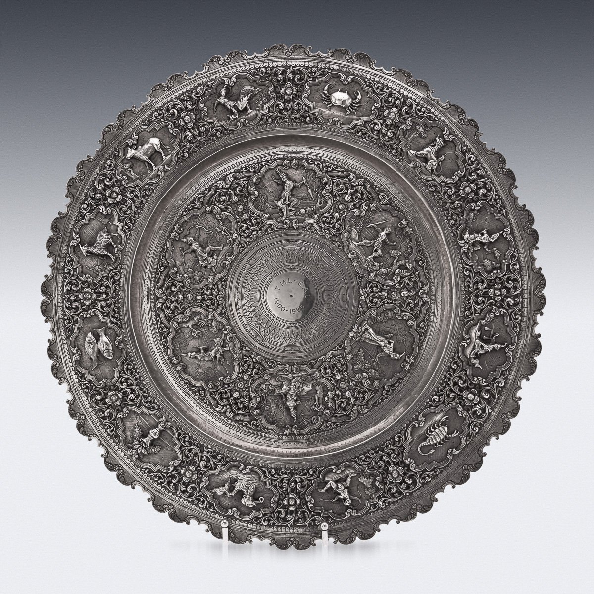 PUSHKINS.COM - A00021 - ANTIQUE 20thC BURMESE SOLID SILVER MYTHOLOGICAL ZODIAC REPOUSSÉ SALVER c.1900 - 04.jpg
