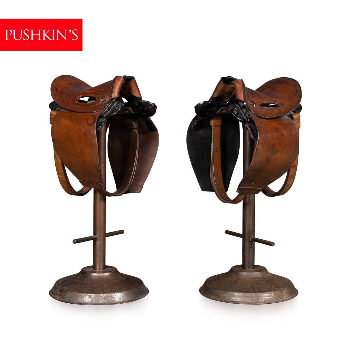 PUSHKIN'S - ANTIQUE 20thC WWI HORSE SADDLE BAR STOOLS c.1920 - 1.jpg