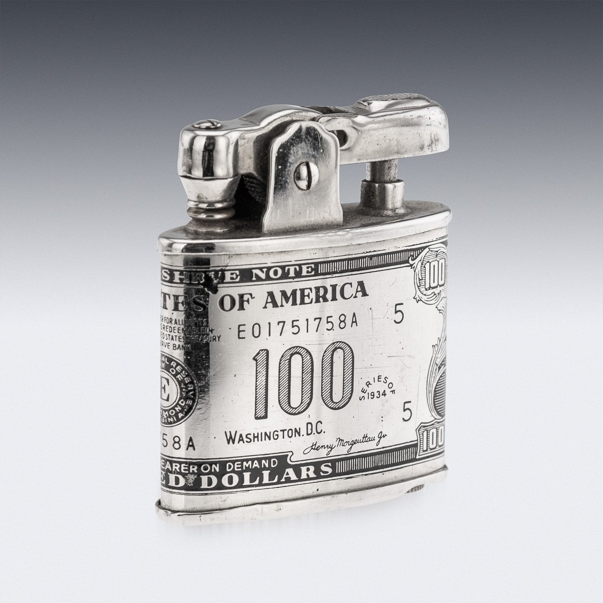 PUSHKINS.COM - J11197 - 20thC AMERICAN SILVER-PLATED CIGARETTE CASE & LIGHTER SHAPED AS A HUNDRED DOLLAR BILL - 08.jpg