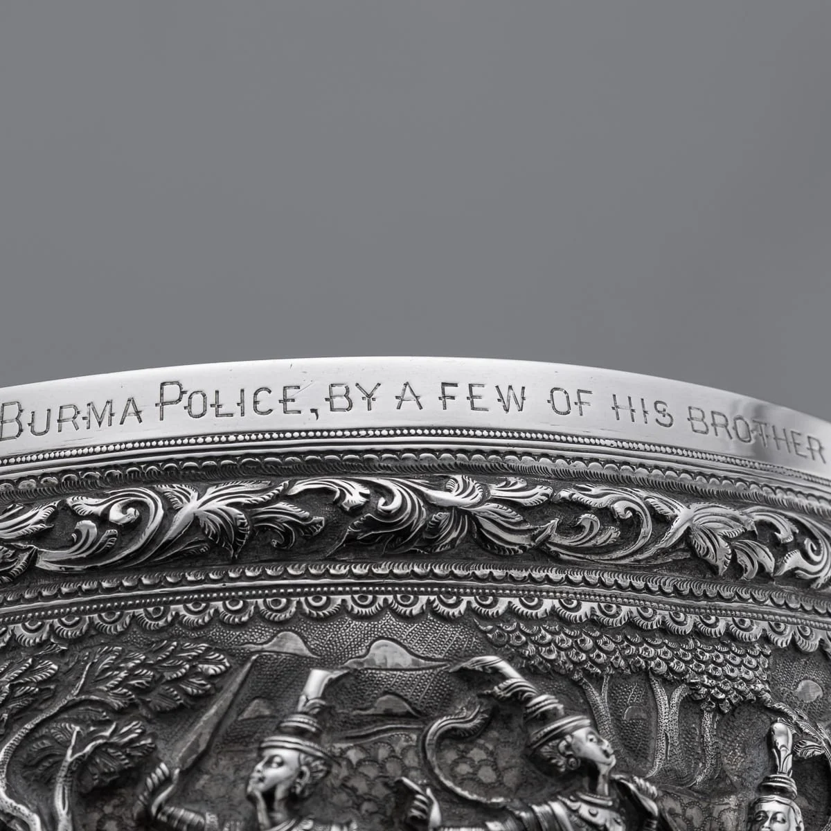 PUSHKINS.COM - A00153 - ANTIQUE 20thC BURMESE REPOUSSÉ SOLID SILVER "JATAKA TALES" BOWL c.1900 - 13.jpg