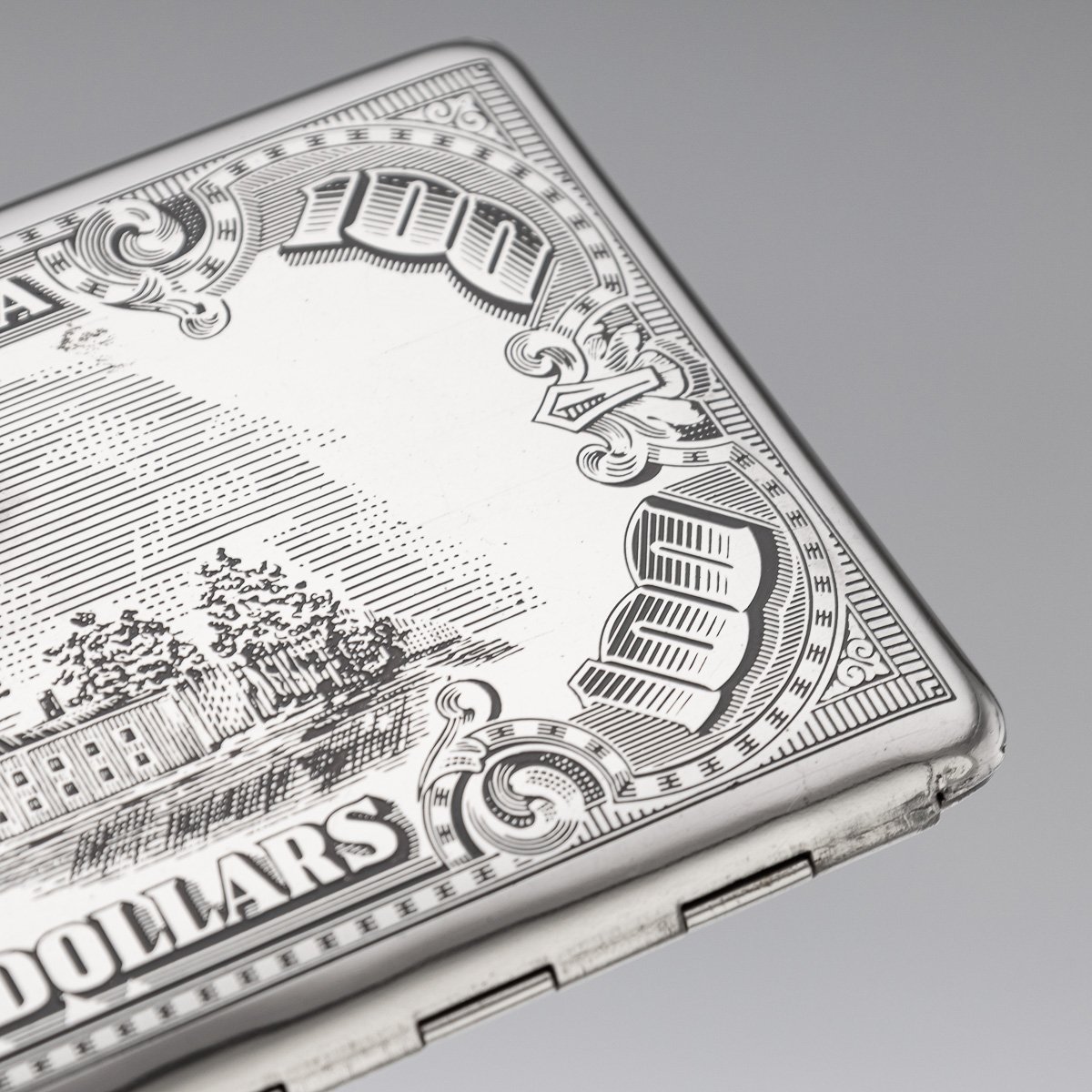 PUSHKINS.COM - J11197 - 20thC AMERICAN SILVER-PLATED CIGARETTE CASE & LIGHTER SHAPED AS A HUNDRED DOLLAR BILL - 34.jpg