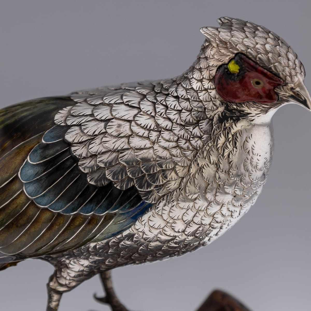 PUSHKIN'S - ANTIQUE 19thC JAPANESE SOLID SILVER & ENAMEL MODELS OF PHESANTS ON STAND c.1890 - 8.jpg