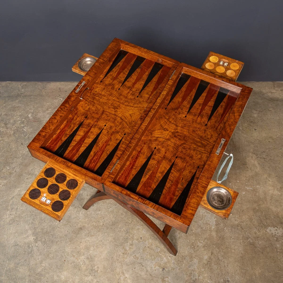 PUSHKINS.COM - D11769 - VINTAGE 20thC ENGLISH BURR WALNUT FOLDING BACKGAMMON TABLE BY DUNHILL c.1960 - 04.jpg