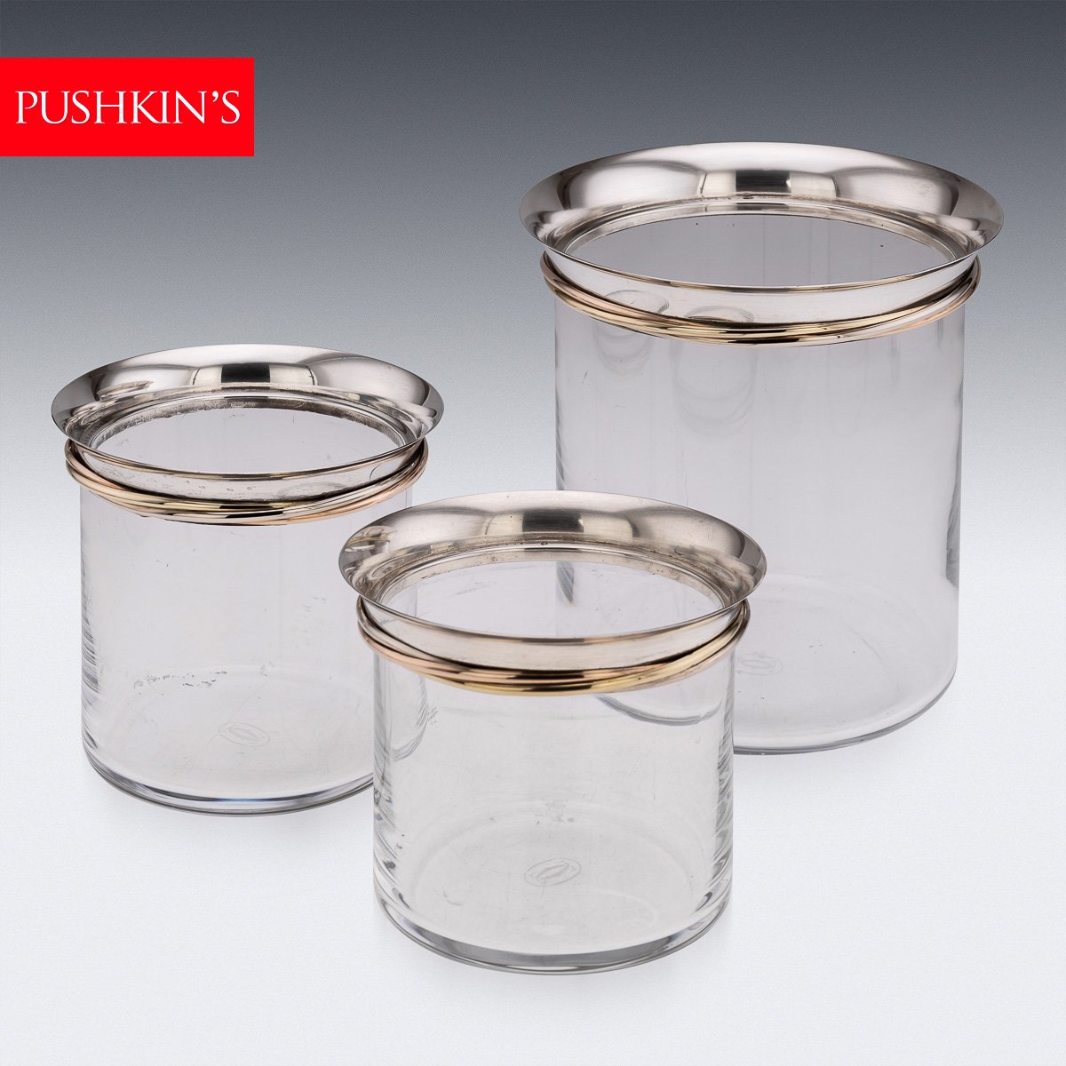PUSHKINS.COM - J9796 - 20thC FRENCH SILVER MOUNTED GLASS ICE BUCKETS & CHAMPAGNE COOLER BY CARTIER - 02.jpg