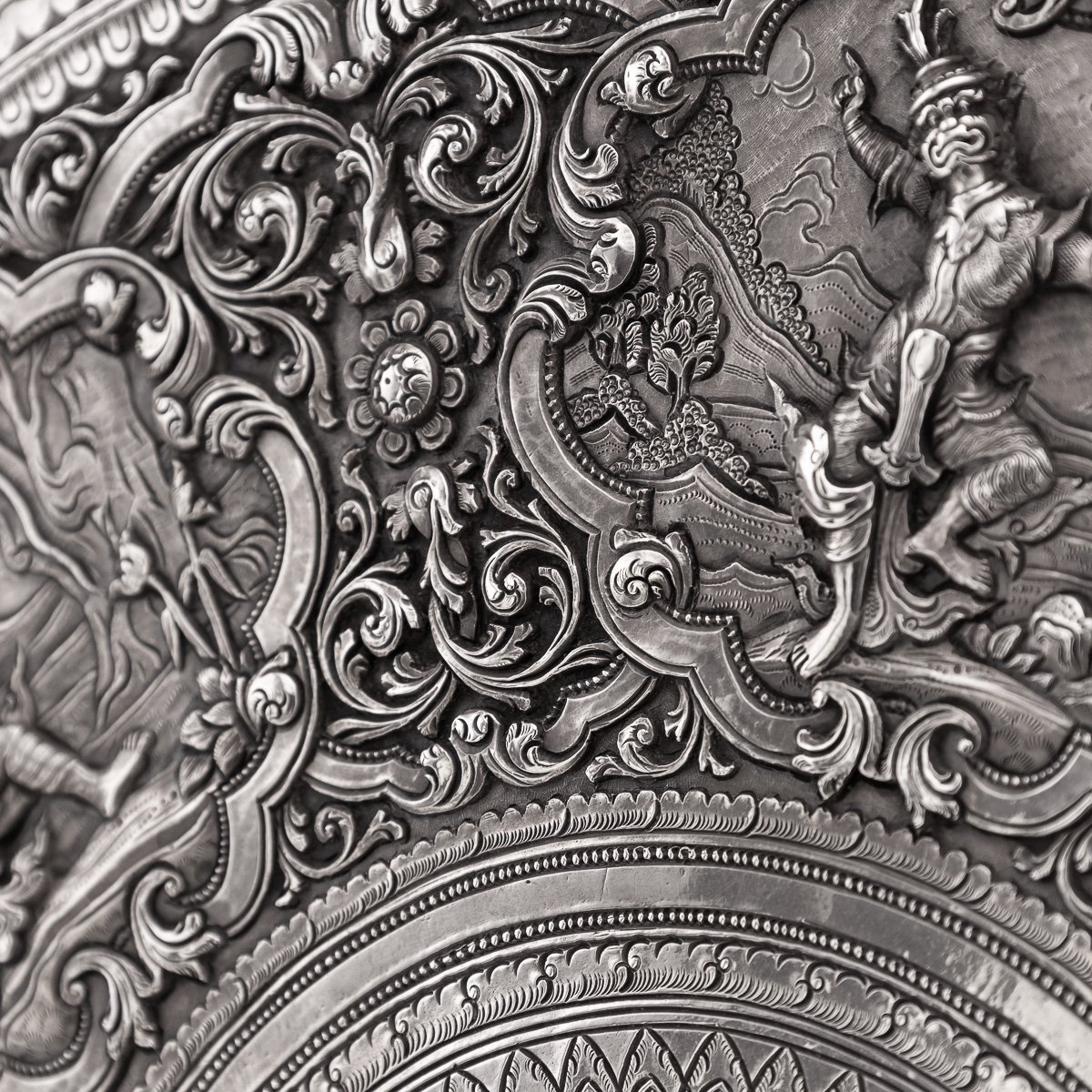 PUSHKINS.COM - A00021 - ANTIQUE 20thC BURMESE SOLID SILVER MYTHOLOGICAL ZODIAC REPOUSSÉ SALVER c.1900 - 17.jpg