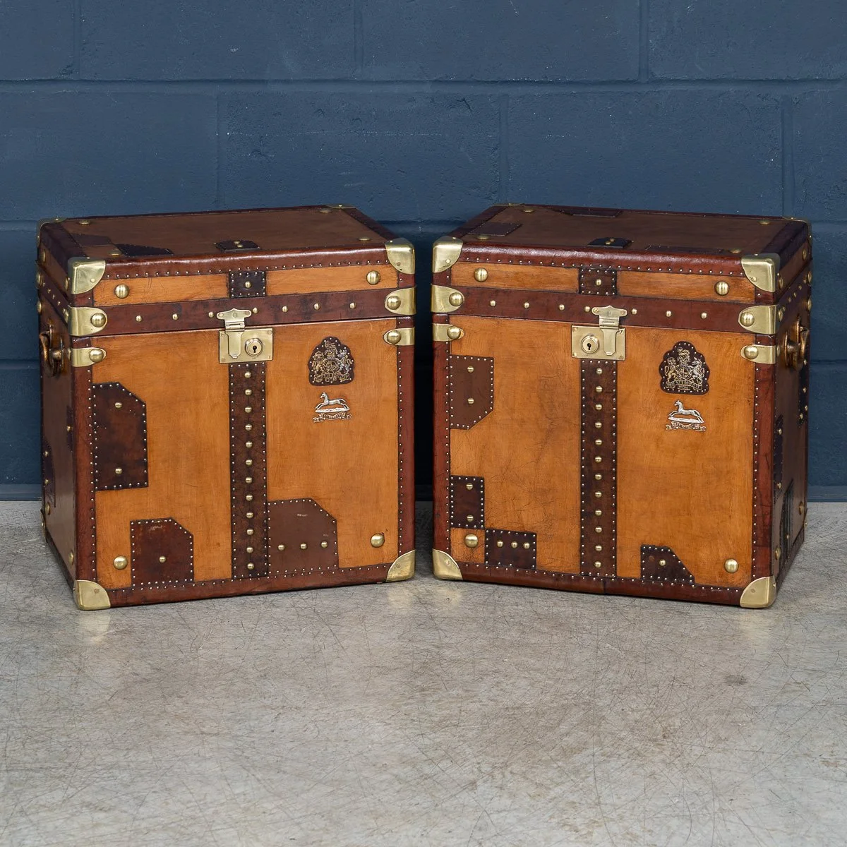PUSHKINS.COM - B11410d - 20thC PAIR OF LEATHER CLAD ENGLISH ARMY : NAVY STYLE TRUNKS - 03.jpg