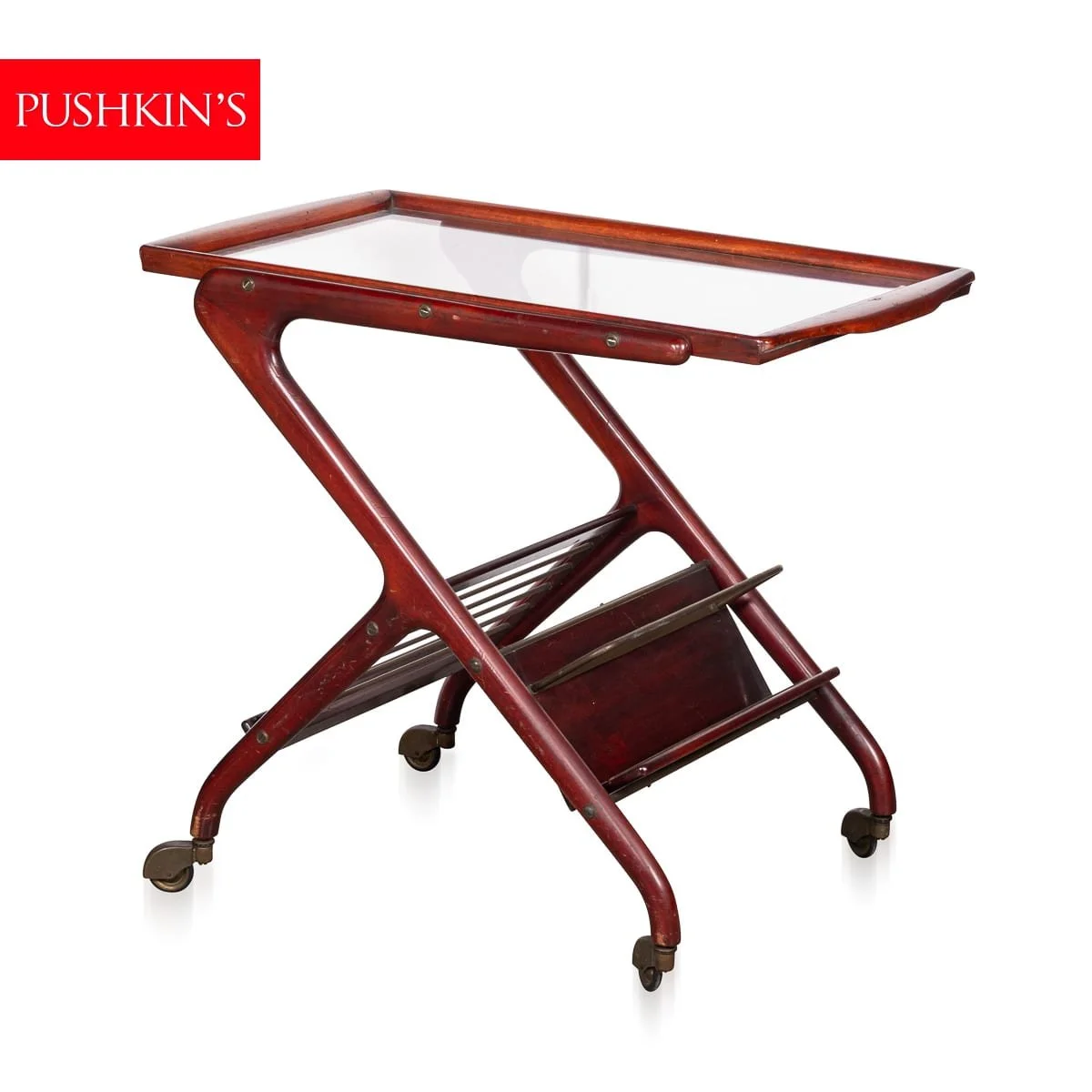 VINTAGE 20thC ITALIAN RED STAINED WOOD & GLASS DRINKS TROLLEY c.1960