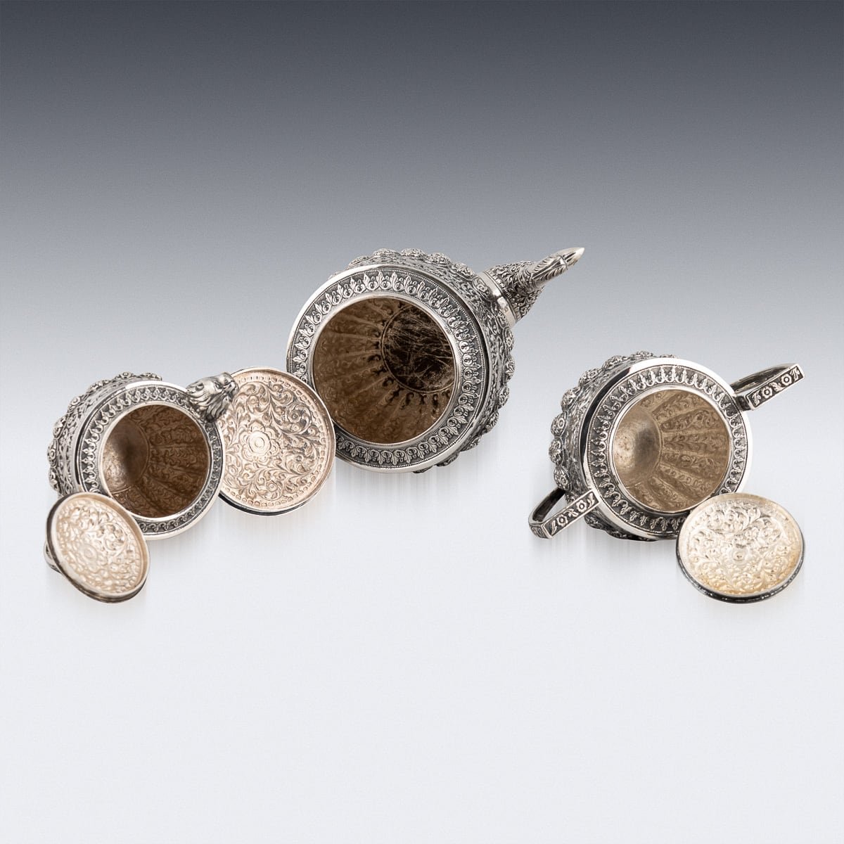 PUSHKIN'S - ANTIQUE 20thC INDIAN CUTCH SOLID SILVER THREE PIECE TEA SET c.1900 - 6.jpg