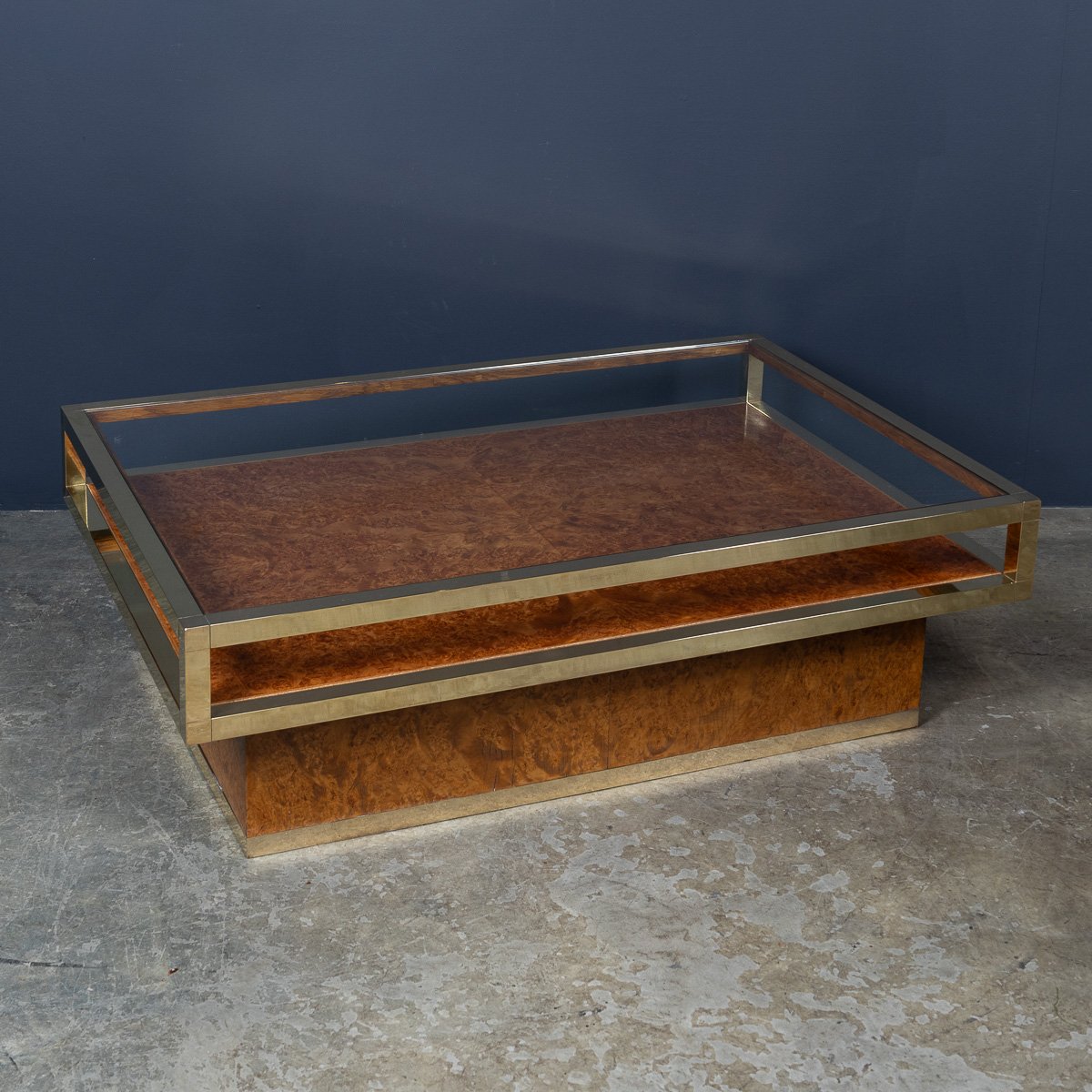 PUSHKINS.COM - D11115 - STYLISH 20thC BRASS, GLASS & BURR WALNUT VITRINE COFFEE TABLE c.1970 - 03.jpg
