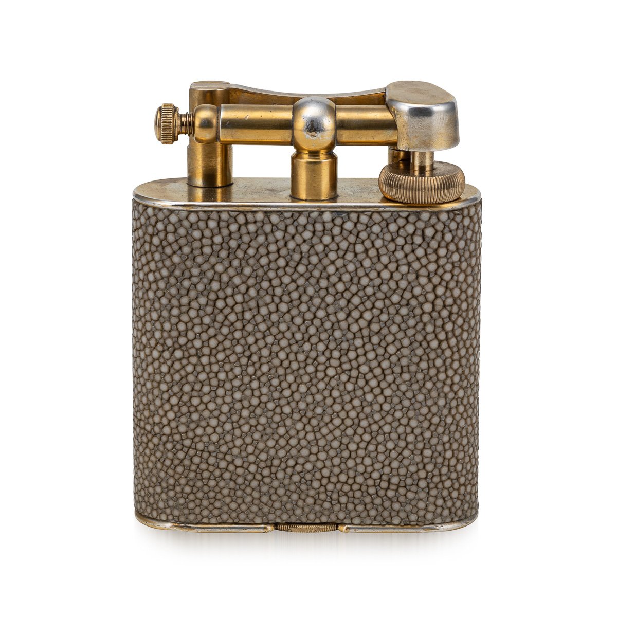 PUSHKINS.COM - D11365 - 20thC SHAGREEN & GOLD ENGINE TURNED PANELLED DUNHILL TABLE LIGHTER c.1950 - 06.jpg