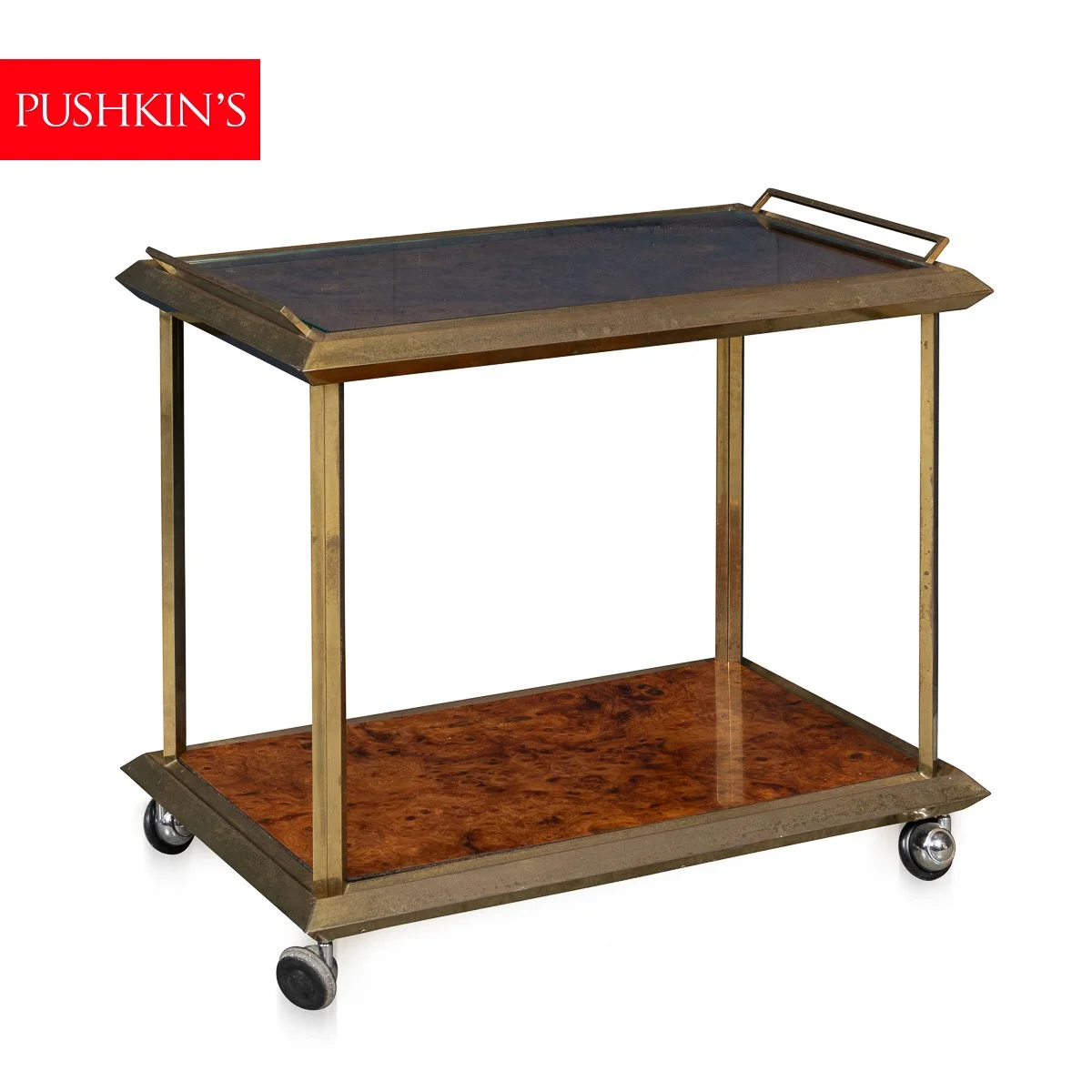 PUSHKINS.COM - B11472 - 20thC ITALIAN BRASS & BURR WALNUT DRINKS TROLLEY c.1970 - 02.jpg