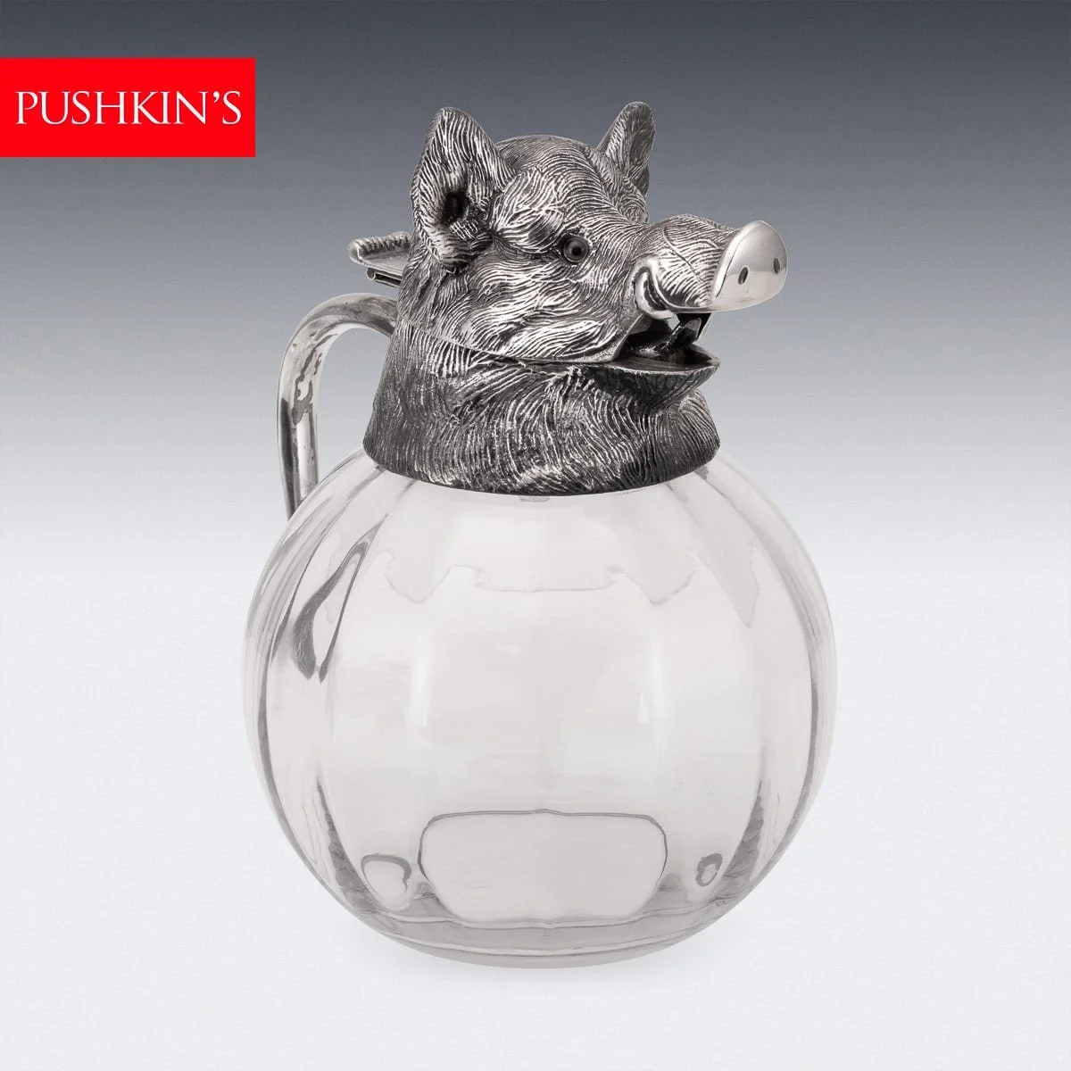 VINTAGE 20thC SILVER PLATE BOAR HEAD & GLASS JUG BY VALENTI c.1970