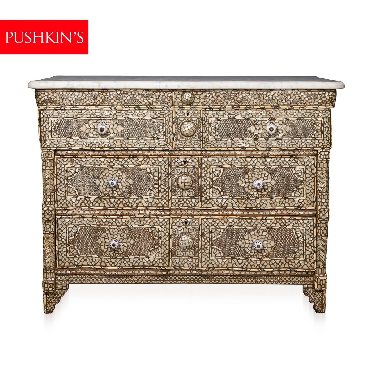 PUSHKINS.COM - D11764 - ANTIQUE 20thC SYRIAN MOTHER OF PEARL & CAMEL BONE INLAID CHEST OF DRAWERS c.1900 - 02.jpg