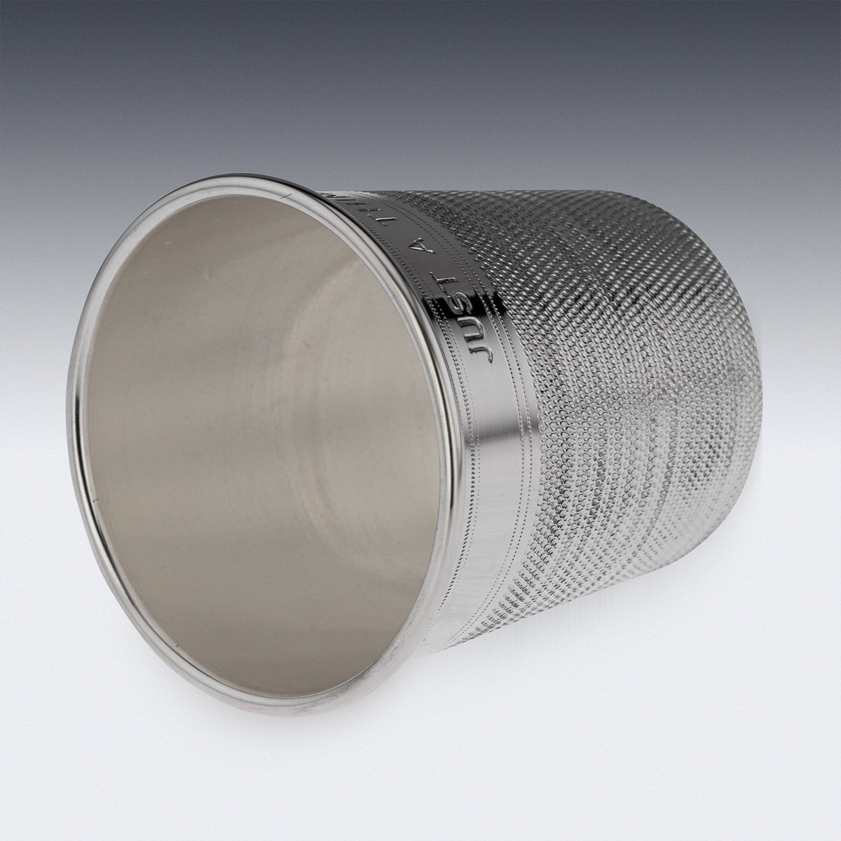 PUSHKINS.COM - A8855 - PAIR OF MID 20thC ENGLISH SILVER PLATED 'JUST A THIMBLEFUL' BEAKERS c.1950 - 07.jpg