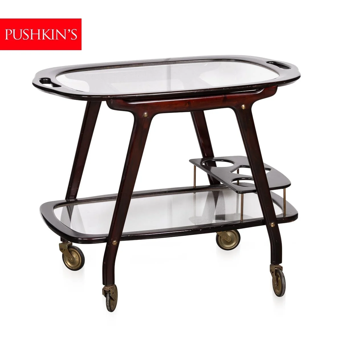 PUSHKINS.COM - B12760 - VINTAGE 20thC ITALIAN DARK STAINED WOOD & GLASS DRINKS TROLLEY c.1960 - 02.jpg