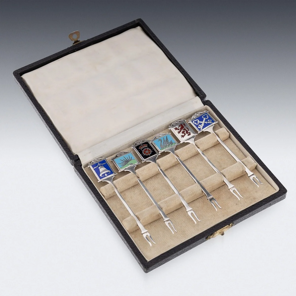 PUSHKINS.COM - J11753 - 20thC ENGLISH SOLID SILVER SET OF SIX CASED "PUB SIGN" COCKTAIL PICKS c.1952 - 03.jpg