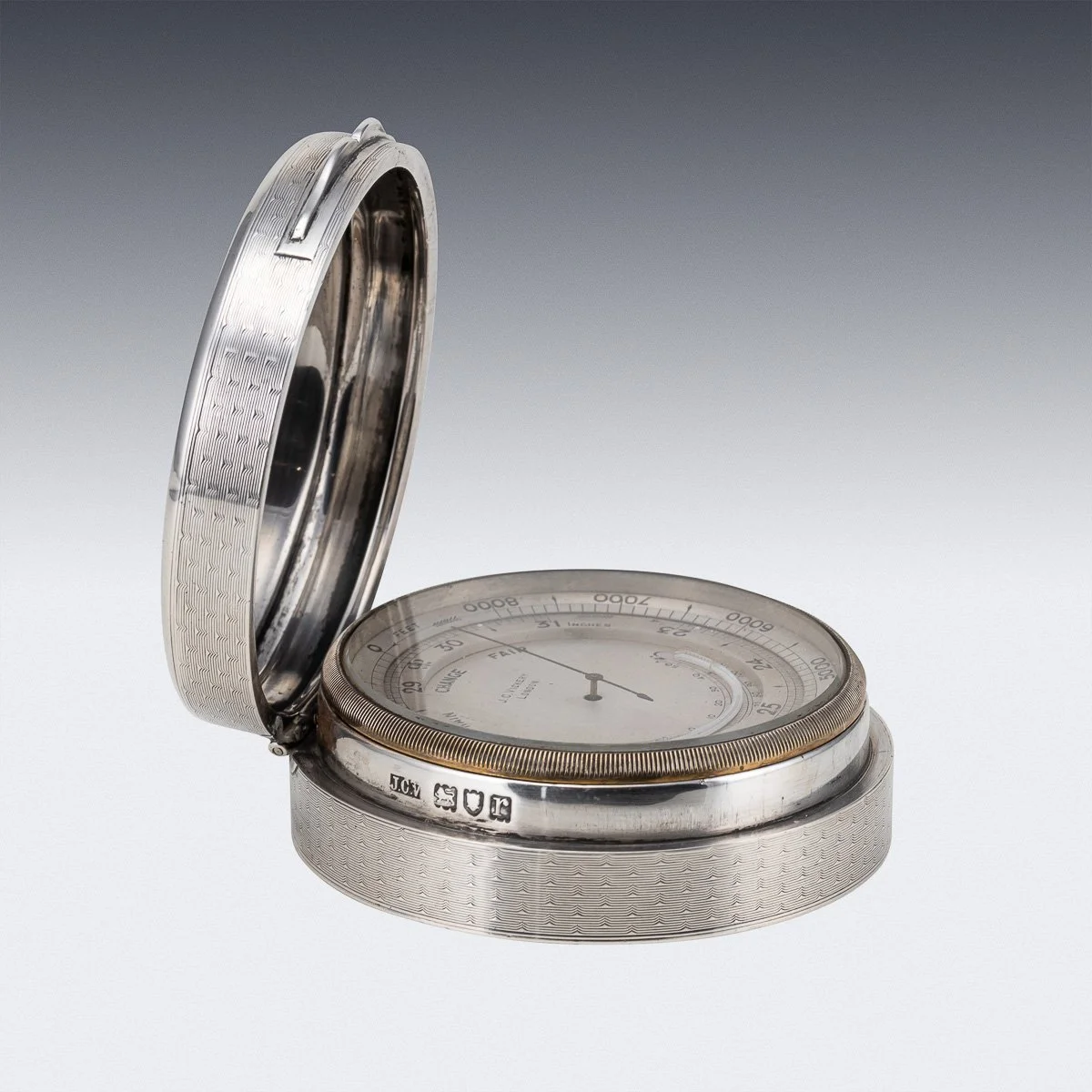 PUSHKINS.COM - D11352 - ANTIQUE 20thC ENGLISH SOLID SILVER BAROMETER & THERMOMETER, J.C VICKERY c.1912 - 05.jpg