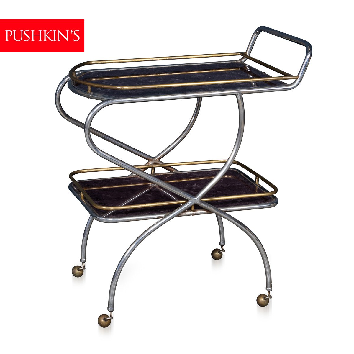 PUSHKINS.COM - B11305 - VINTAGE 20thC ITALIAN STEEL & GLASS DRINKS TROLLEY WITH MARBLE EFFECT c.1980 - 02.jpg