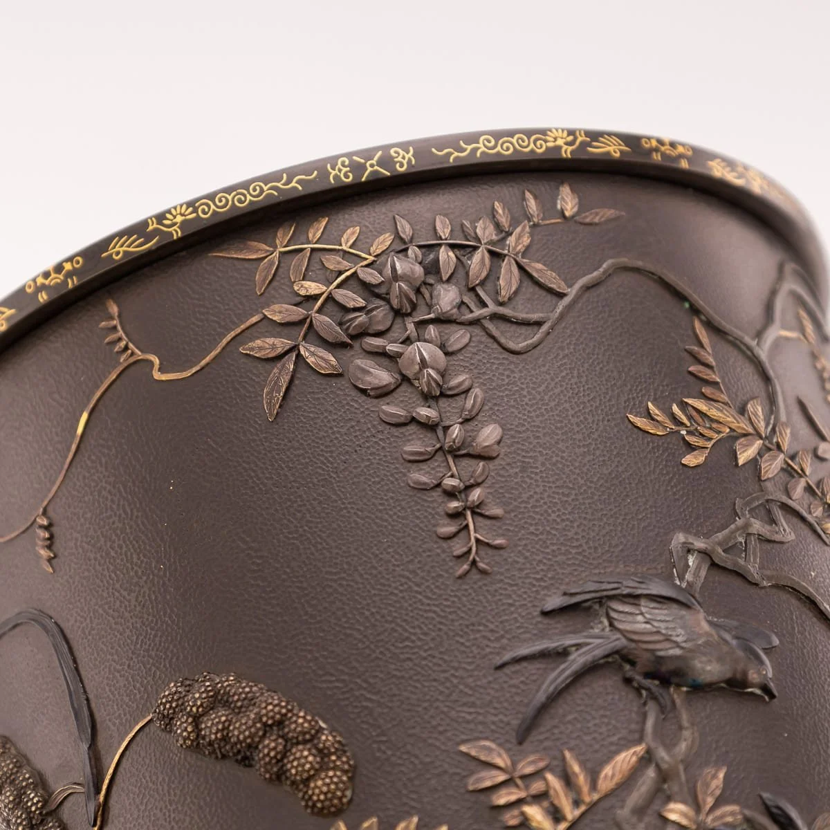 PUSHKINS.COM - G11934 - ANTIQUE 19thC JAPANESE MEIJI PERIOD PAIR OF INLAID BRONZE CYLINDRICAL BRUSHPOTS - 25.jpg