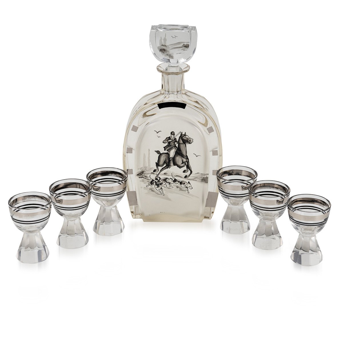 PUSHKINS.COM - D11169 - STYLISH 20thC ETCHED GLASS HORSESHOE SHAPE DECANTER & SIX GLASSES c.1950 - 05.jpg