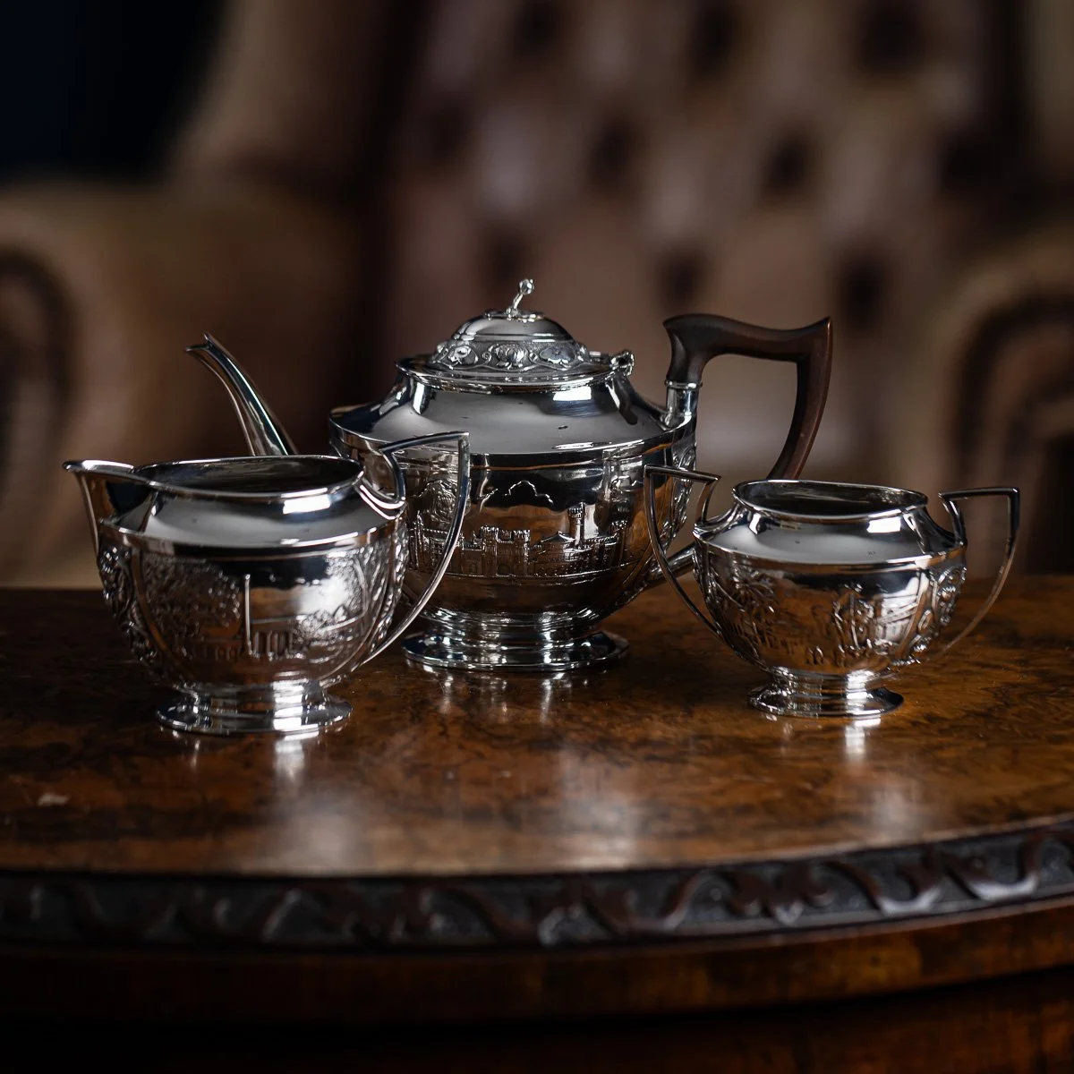 PUSHKINS.COM - A11065 - ANTIQUE 19thC INDIAN STYLE THREE PIECE SOLID SILVER TEA SET, REED & BARTON c1900 - 03.jpg