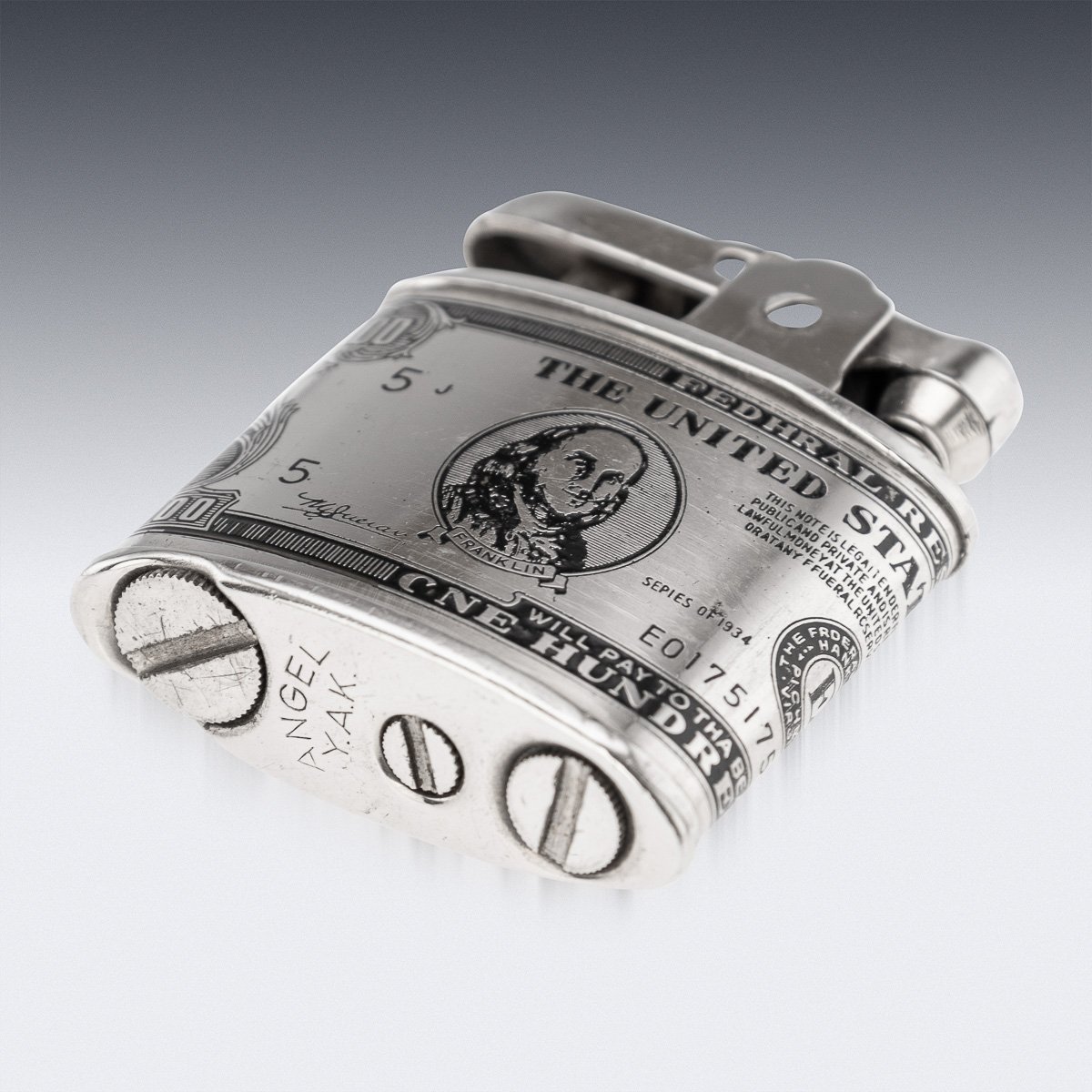PUSHKINS.COM - J11197 - 20thC AMERICAN SILVER-PLATED CIGARETTE CASE & LIGHTER SHAPED AS A HUNDRED DOLLAR BILL - 12.jpg