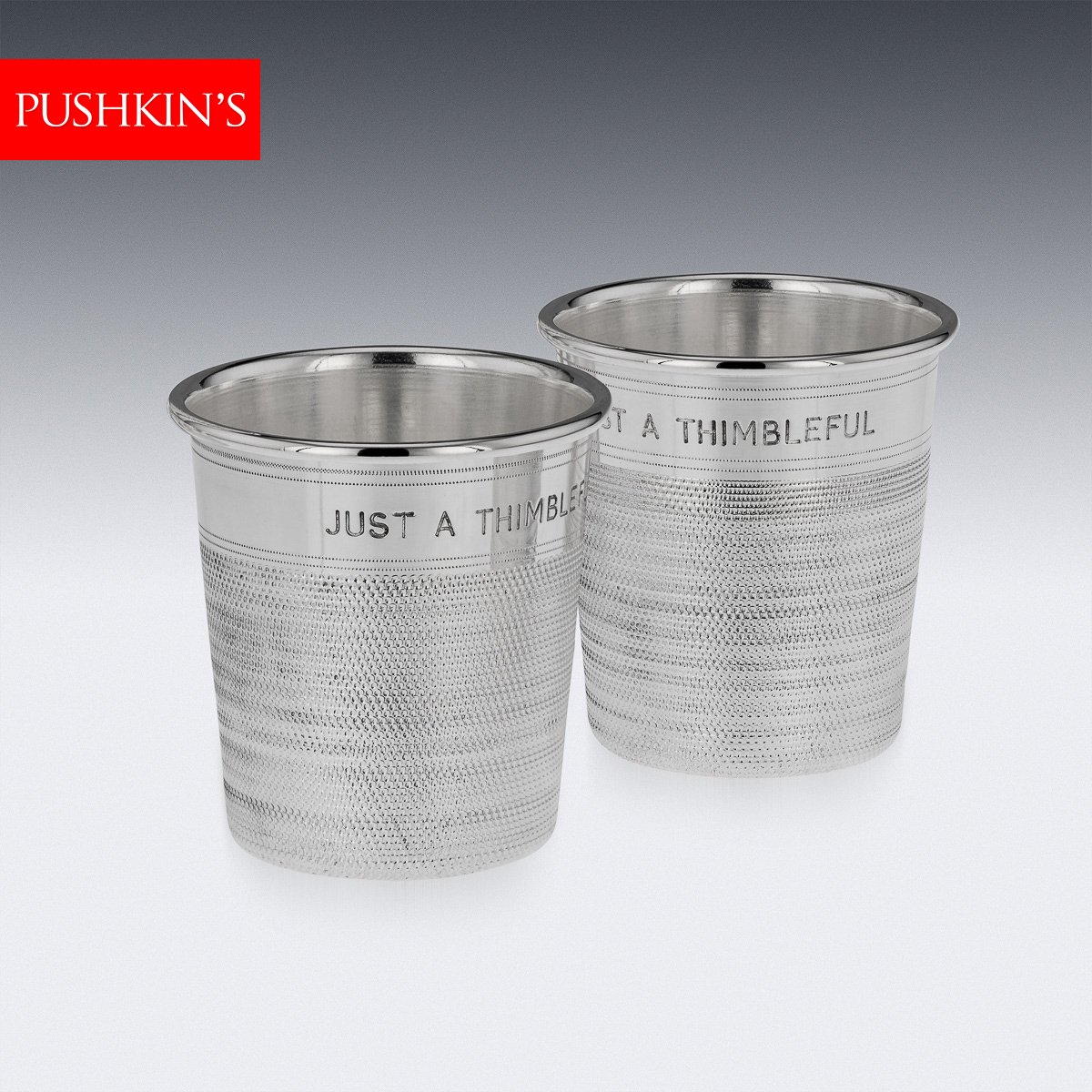 PUSHKINS.COM - A8855 - PAIR OF MID 20thC ENGLISH SILVER PLATED 'JUST A THIMBLEFUL' BEAKERS c.1950 - 02.jpg