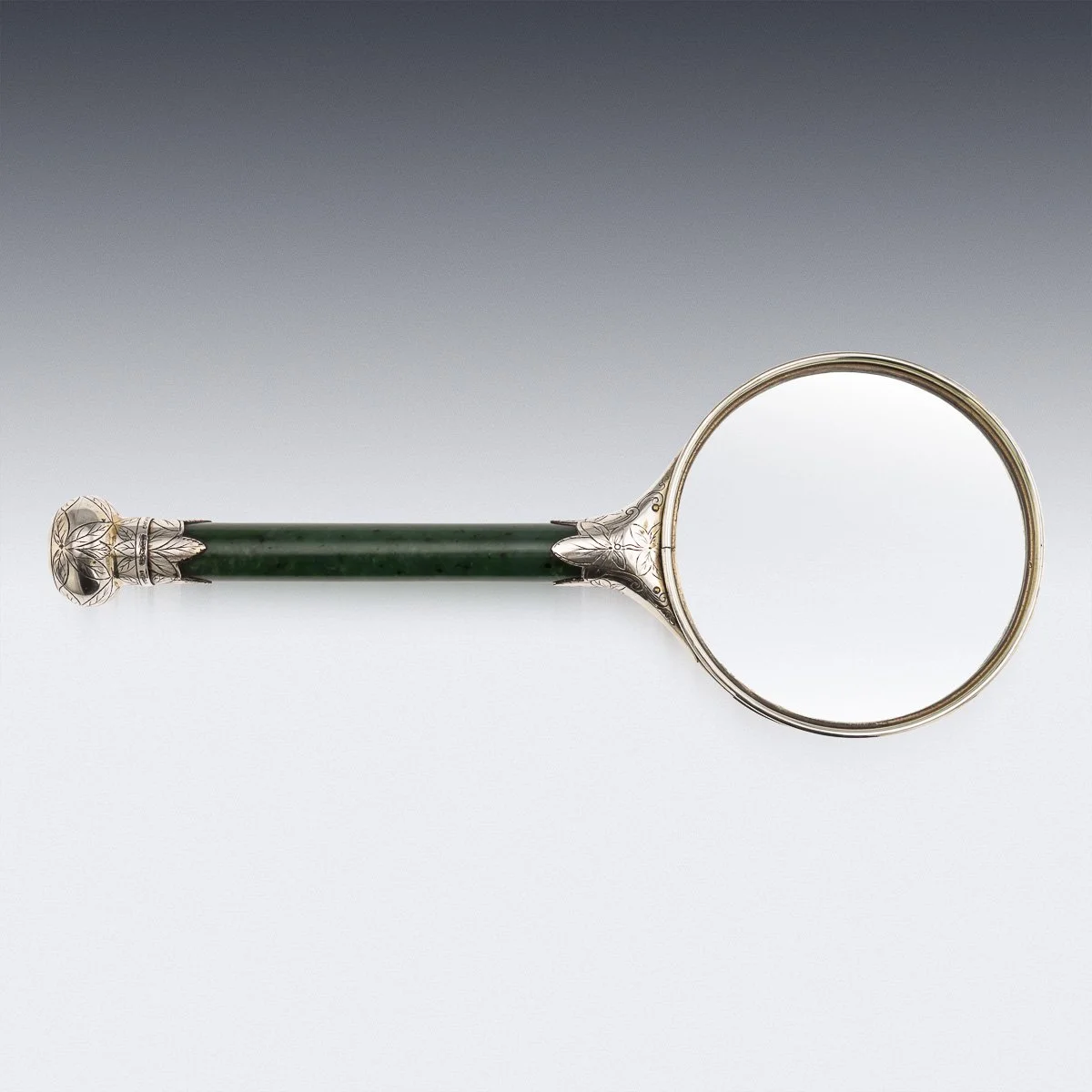PUSHKINS.COM - A00127 - ANTIQUE 19thC ORIENTAL STYLE SOLID SILVER & SPINACH JADE MAGNIFYING GLASS c.1880 - 05.jpg