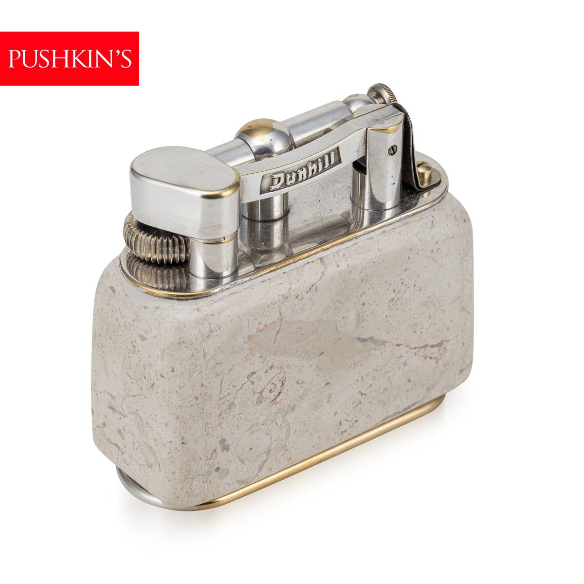 PUSHKINS.COM - D11369 - VINTAGE 20thC TRAVERTINE MARBLE & SILVER PLATED DUNHILL TABLE LIGHTER c.1960 - 02.jpg