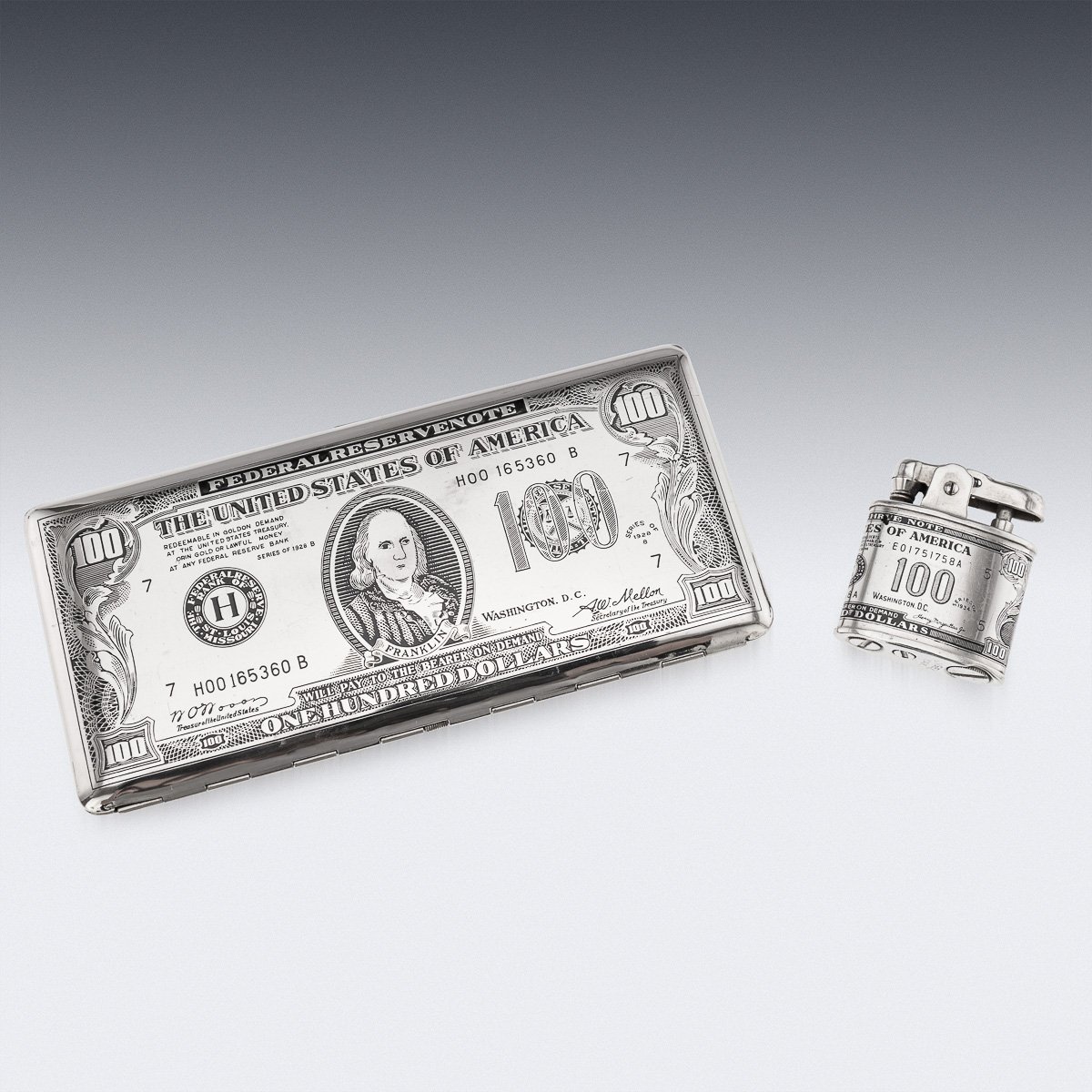 PUSHKINS.COM - J11197 - 20thC AMERICAN SILVER-PLATED CIGARETTE CASE & LIGHTER SHAPED AS A HUNDRED DOLLAR BILL - 04.jpg