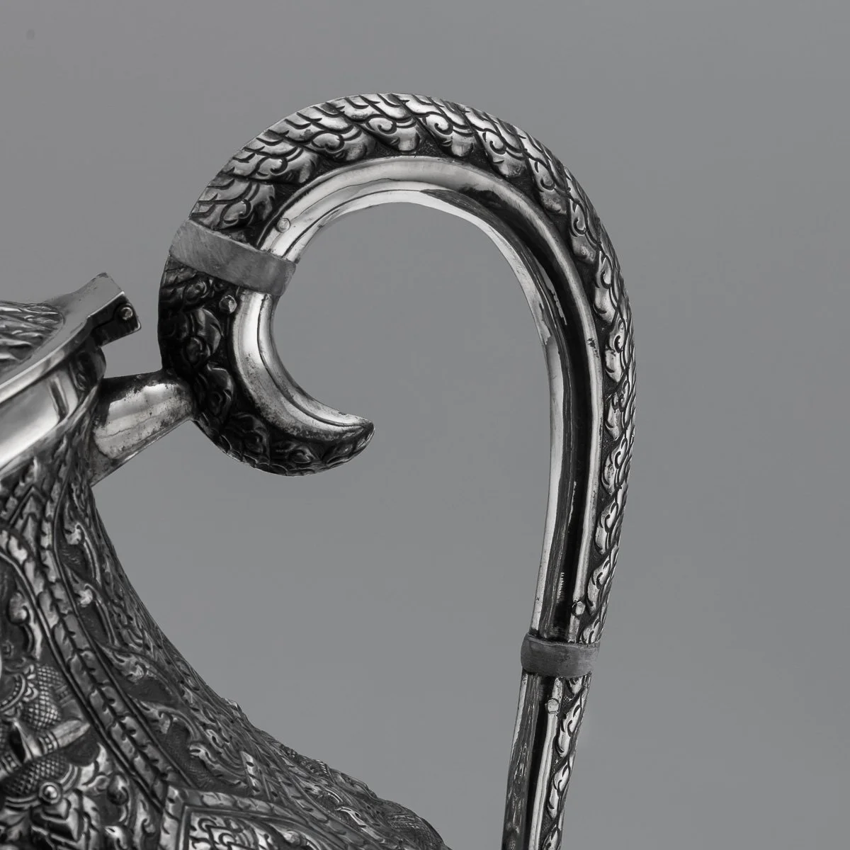 PUSHKINS.COM - A00116 - ANTIQUE 20thC THAI SOLID SILVER FOUR PIECE TEA SET ON TRAY c.1950 - 33.jpg