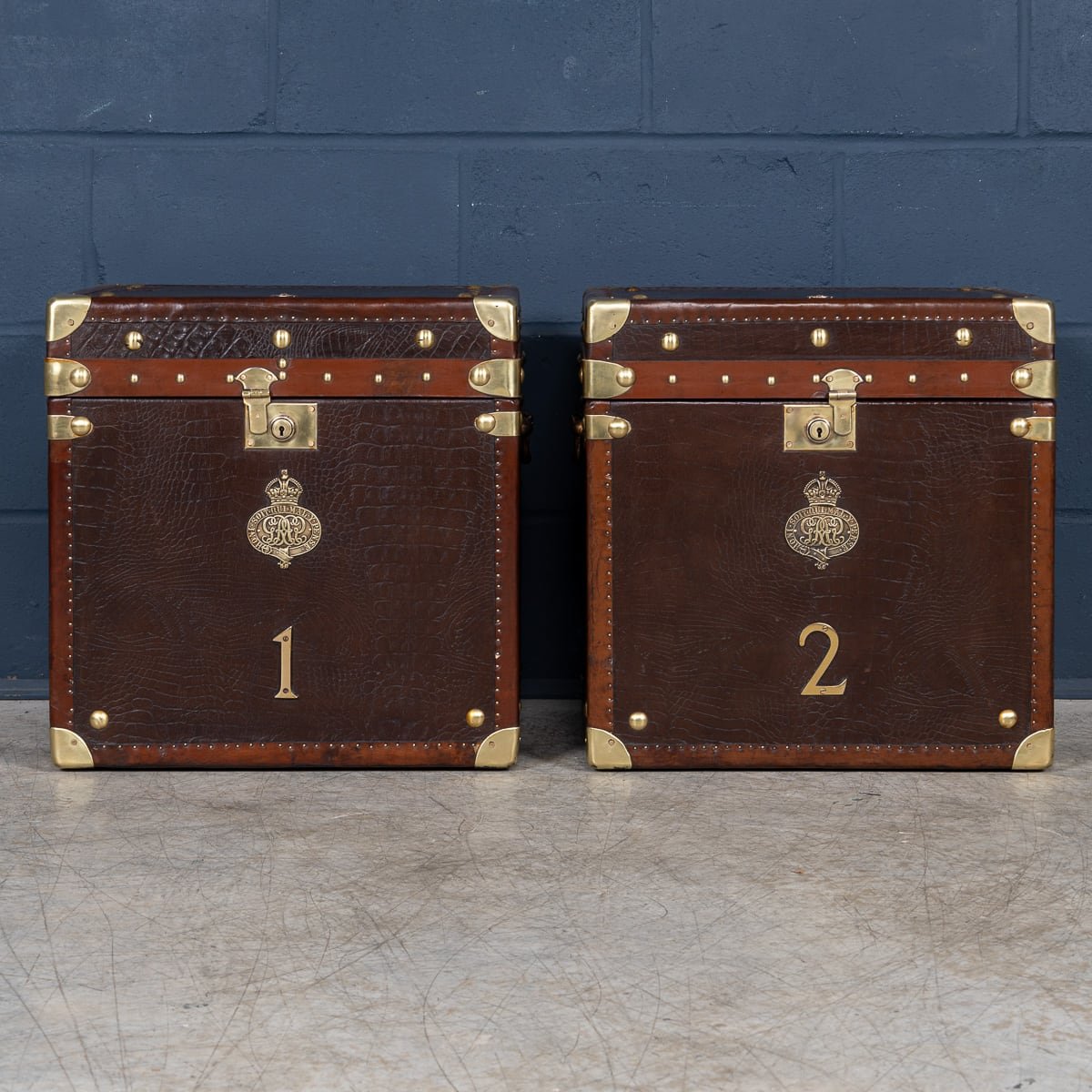 PUSHKINS.COM - 20thC PAIR OF LEATHER CLAD ENGLISH ARMY : NAVY STYLE TRUNKS - 80.jpg